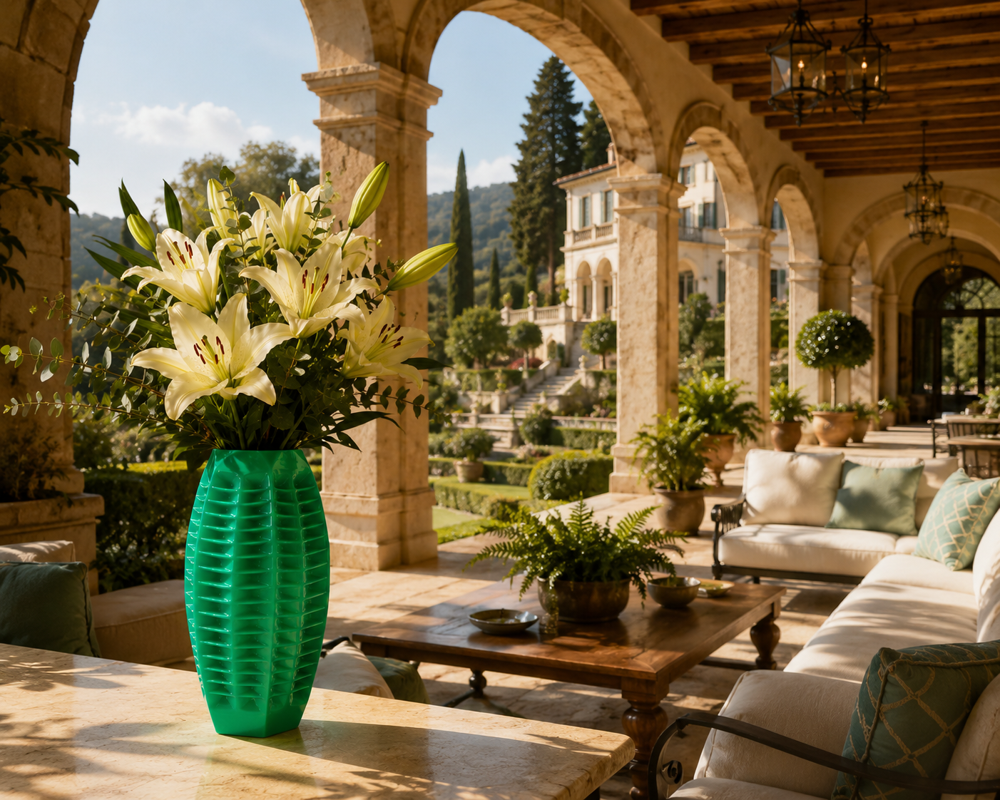 Luxury decorative vase with floral arrangement displayed in an elegant villa setting, ideal for premium home decor, interior styling and modern architecture.