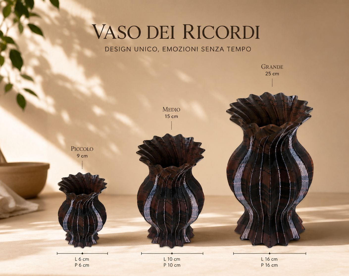 Luxury modern 3D printed flower vase collection in three sizes. Decorative designer vase for elegant home decor, contemporary interiors and stylish living rooms.