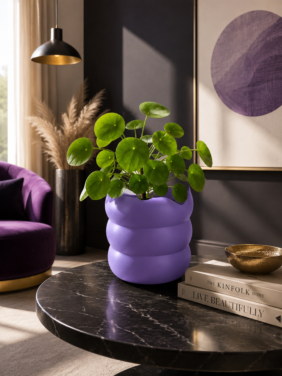 Premium purple decorative planter for indoor plants, modern home decoration, Scandinavian interior design, luxury living room styling and contemporary decor inspiration.