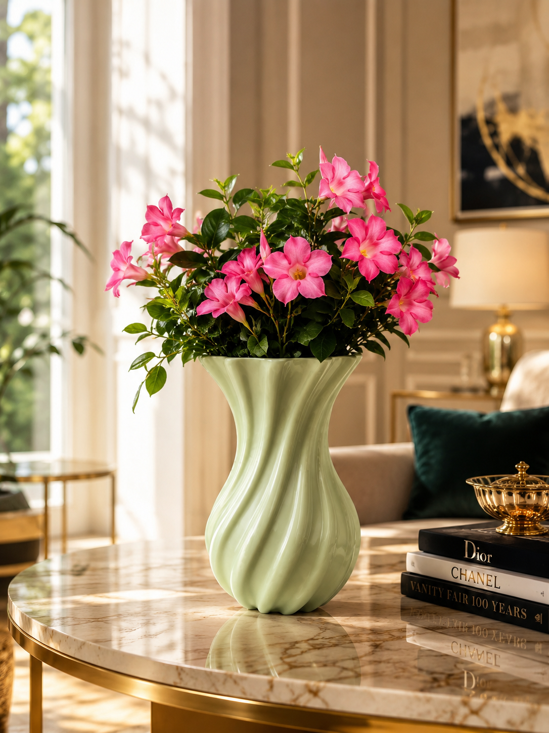 Luxury 3D printed decorative vase with vibrant flowering plant, premium modern interior design, elegant living room styling, designer planter for contemporary home decoration.