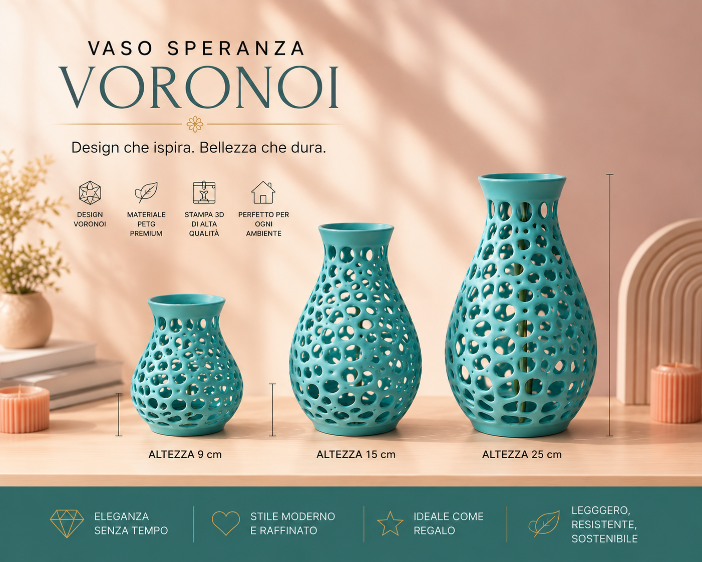 Elegant collection of three modern designer vases with Voronoi geometric pattern, premium 3D printed home decor, contemporary interior design, decorative living room accessories, and luxury styling accents.