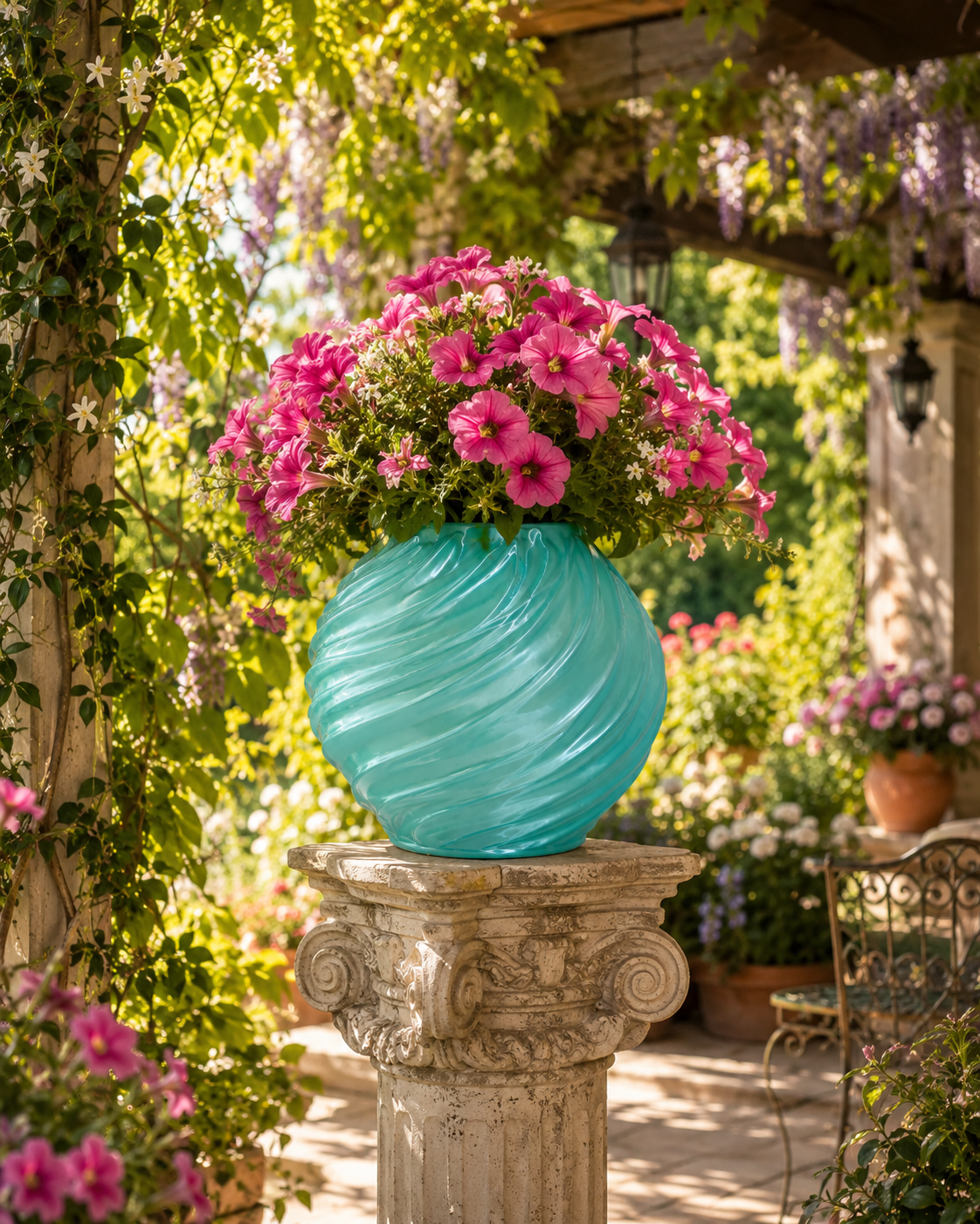 Elegant turquoise garden vase displayed on a classic stone pedestal under a pergola with colorful flowers, creating a luxury outdoor living space.