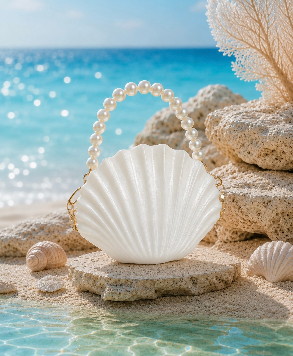 Elegant White Pearl Shell Bag on Seaside Restaurant Table, Luxury Resort Handbag for Summer Events and Beach Weddings