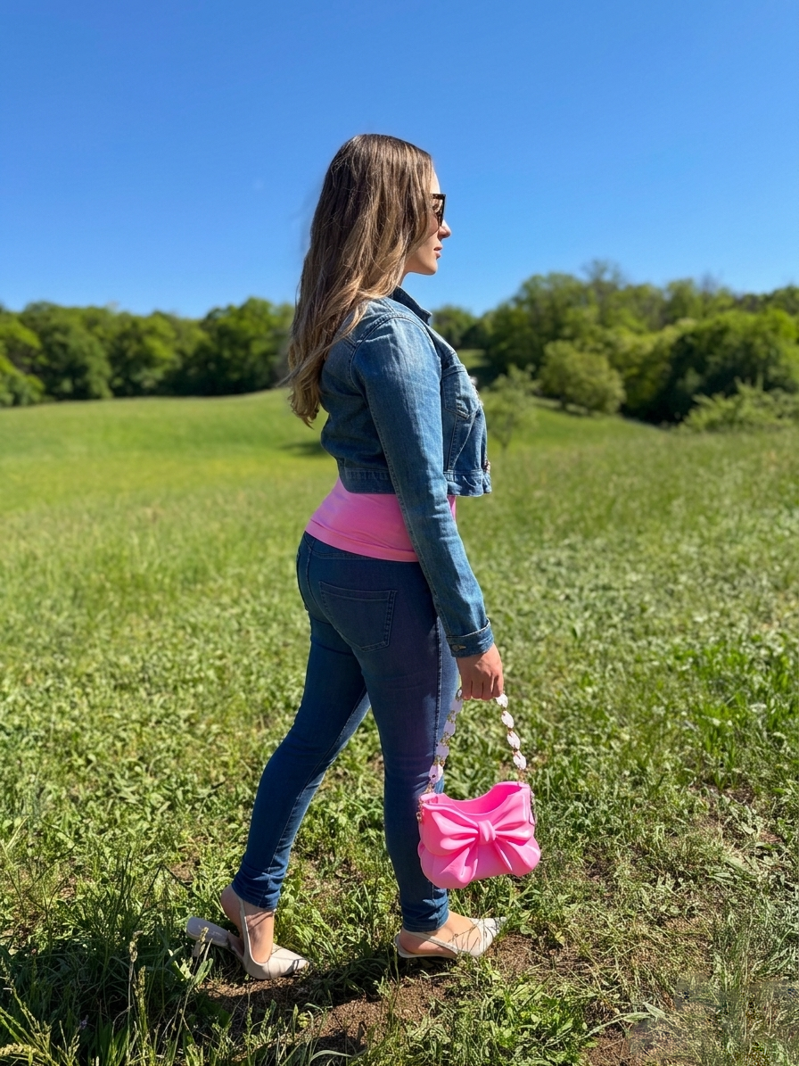 Elegant woman walking outdoors carrying a luxury pink bow handbag with a modern designer shoulder chain. Stylish fashion accessory perfect for everyday wear, gifts, spring outfits and trendy women's fashion.
