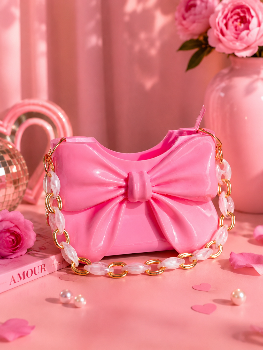 Luxury pink bow handbag displayed on an elegant pink background with flowers and decorative accessories. Fashion designer purse featuring a glossy finish and premium acrylic chain for a chic feminine style.