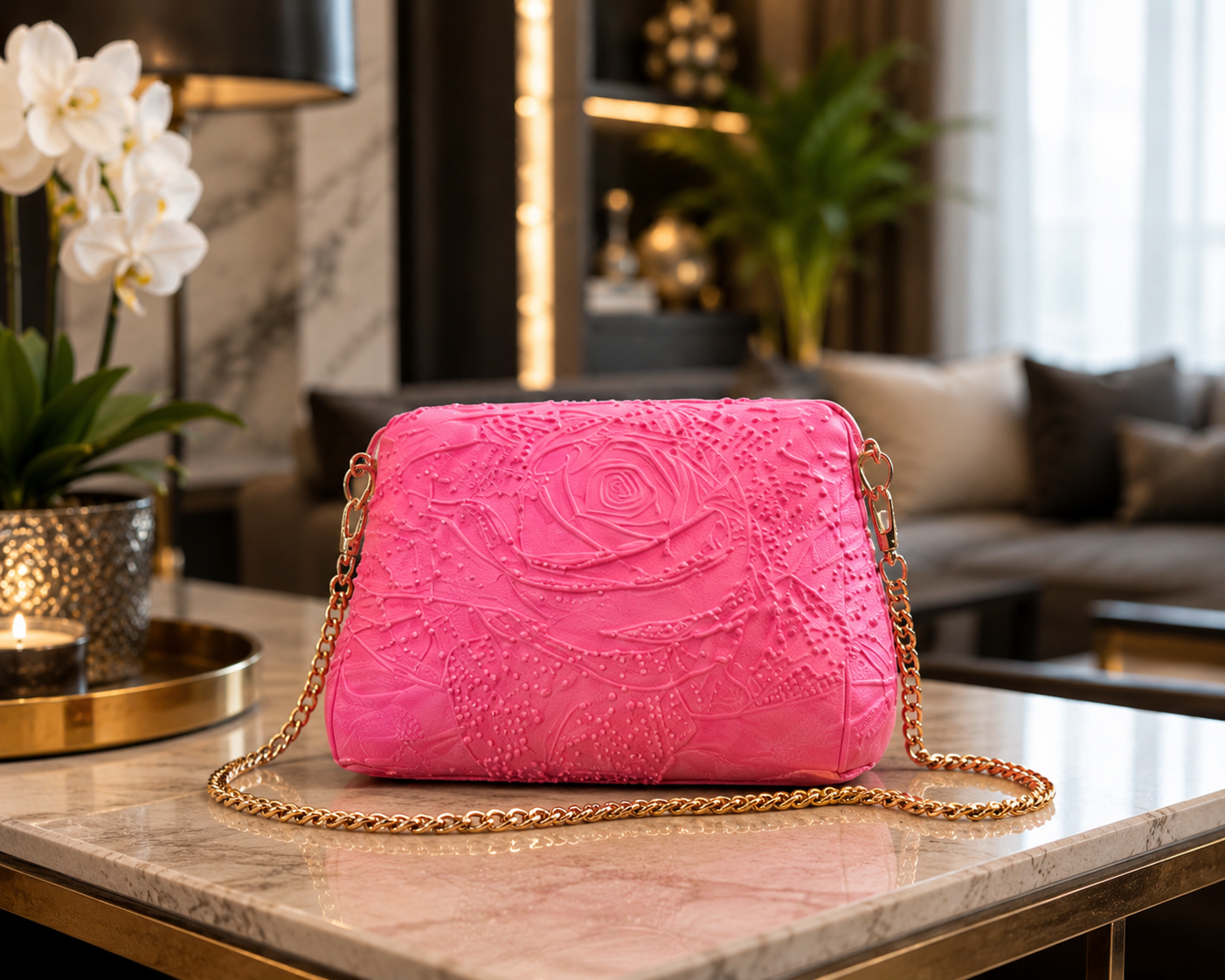 A luxury pink designer handbag displayed on a premium marble table in a modern high-end living room. Elegant 3D printed fashion shoulder bag with embossed floral texture, gold chain strap, contemporary interior styling, luxury home decor, premium gift idea and modern fashion accessory.