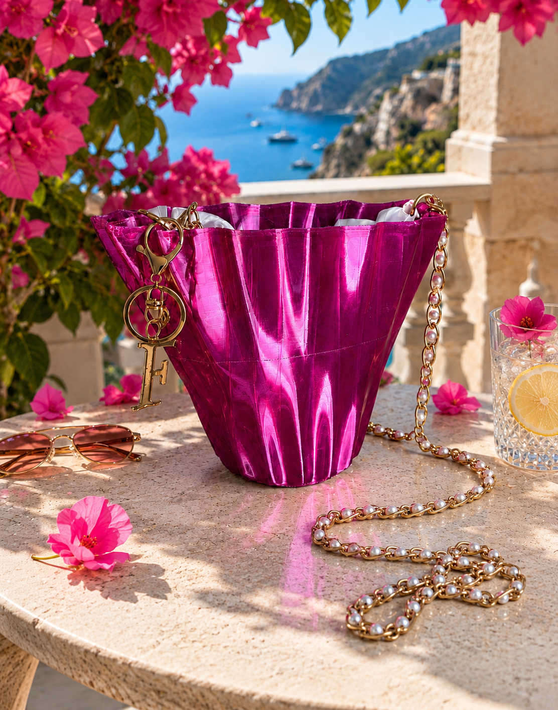 Luxury pink designer handbag photographed on an exclusive Mediterranean terrace overlooking the sea. Elegant women's shoulder bag with pearl chain, handcrafted using advanced 3D printing technology in Italy, perfect for luxury travel, summer fashion, resort style and premium accessories.