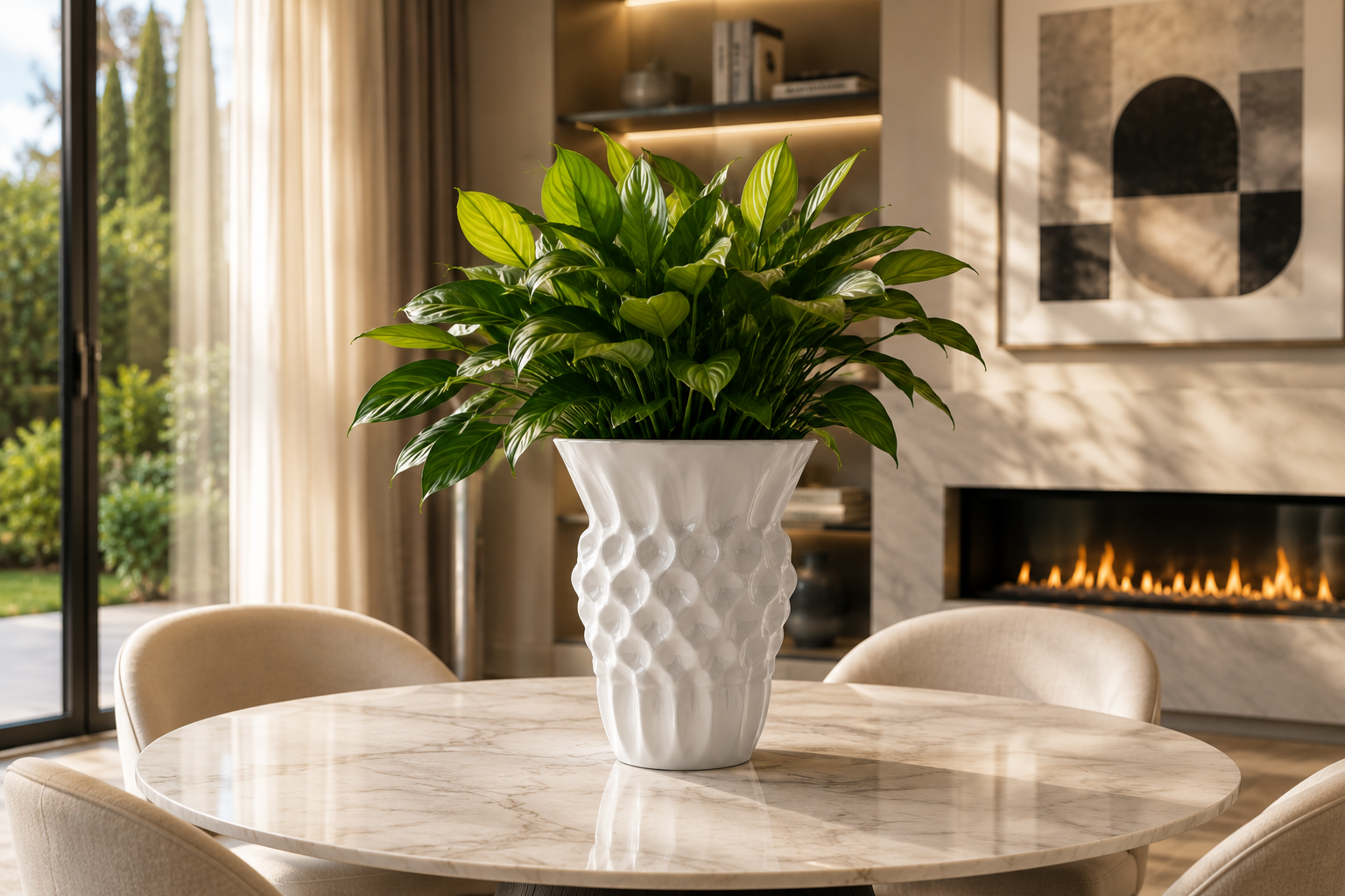 Luxury white designer vase filled with elegant fresh flowers, perfect as a modern centerpiece for dining tables, living rooms and contemporary interiors. Premium 3D printed decorative vase for stylish home decoration and luxury interior design.
