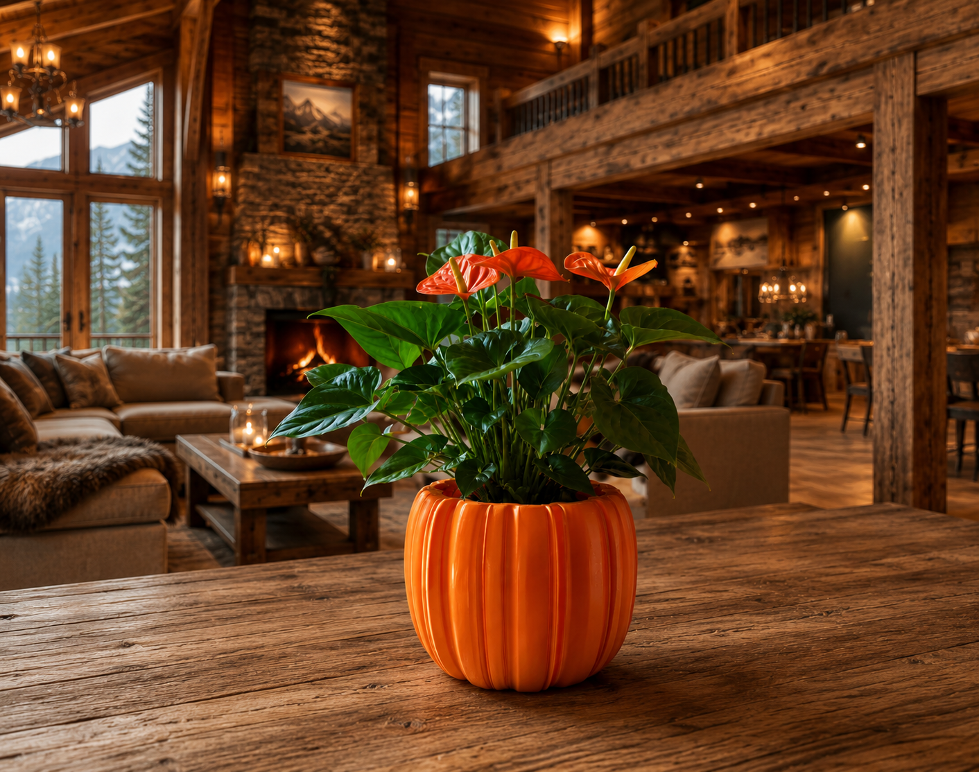 Elegant orange designer planter displayed inside a spacious wooden mountain lodge. Premium 3D printed flower pot for indoor plants, luxury living room decor and contemporary rustic interiors.