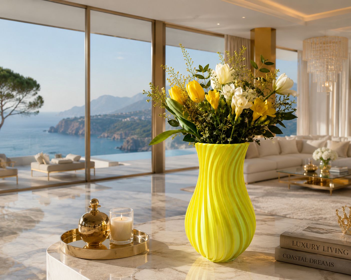 Luxury modern living room featuring a bright yellow 3D printed decorative vase filled with elegant white and yellow flowers. Premium Made in Italy designer vase displayed on a marble table with panoramic ocean views, creating sophisticated contemporary home decor.
