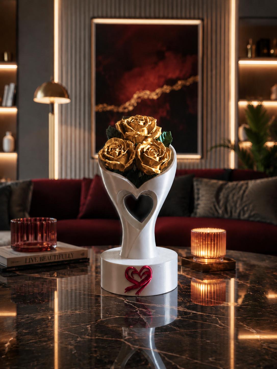Jarrón blanco de lujo en forma de corazón diseñado en 3D e impreso con precisión en PLA premium, con elegantes rosas doradas metálicas. Centro de mesa decorativo expuesta sobre una mesa de centro de mármol en un salón moderno y lujoso, perfecto para la decoración del hogar de lujo y el diseño interior contemporáneo.