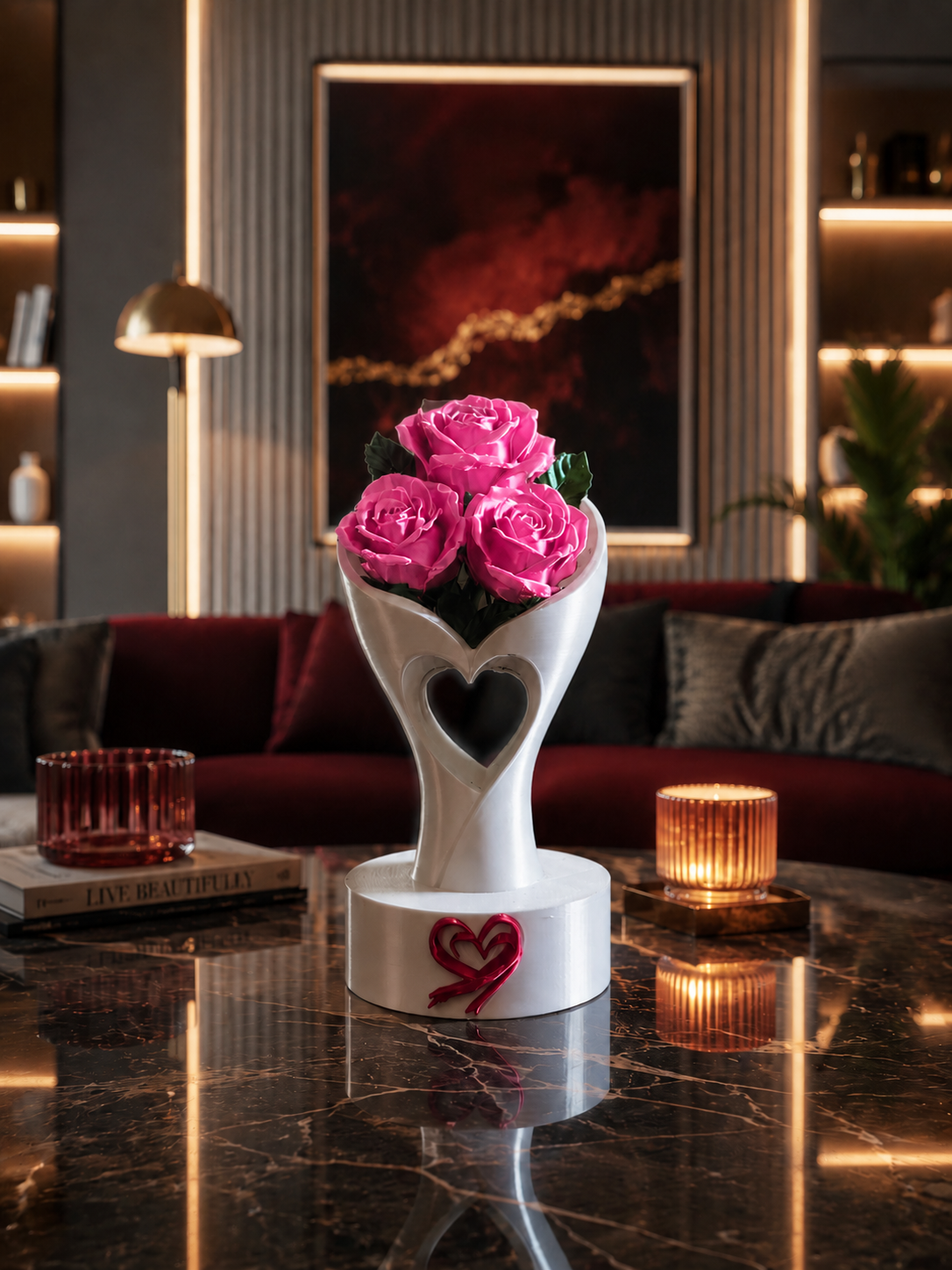 Jarrón blanco de lujo en forma de corazón diseñado en 3D e impreso en PLA premium, con elegantes rosas de color rosa. Un centro decorativo expuesto sobre una mesa de centro de mármol en un salón moderno de lujo, perfecto para la decoración romántica del hogar y el diseño interior elegante.