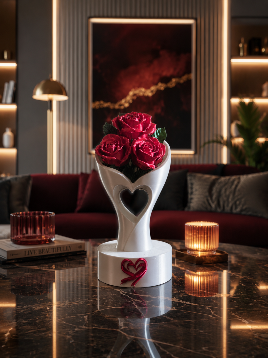 Jarrón de Lujo con Rosas Eternas – Escultura Decorativa 3D en Forma de Corazón para el Hogar Moderno | Idea de Regalo Romántica