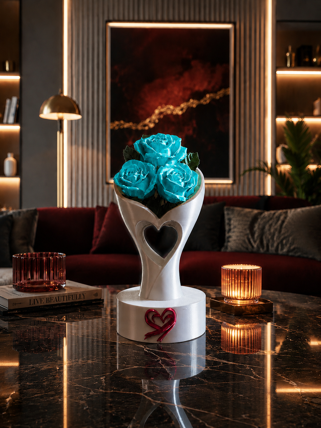 Jarrón blanco de lujo en forma de corazón diseñado en 3D y con precisión impreso en PLA premium, con vibrantes rosas turquesa. Elegante centro de mesa decorativo expuesto sobre una mesa de centro de mármol en un salón moderno de lujo, perfecto para la decoración contemporánea del hogar y el sofisticado diseño interior.