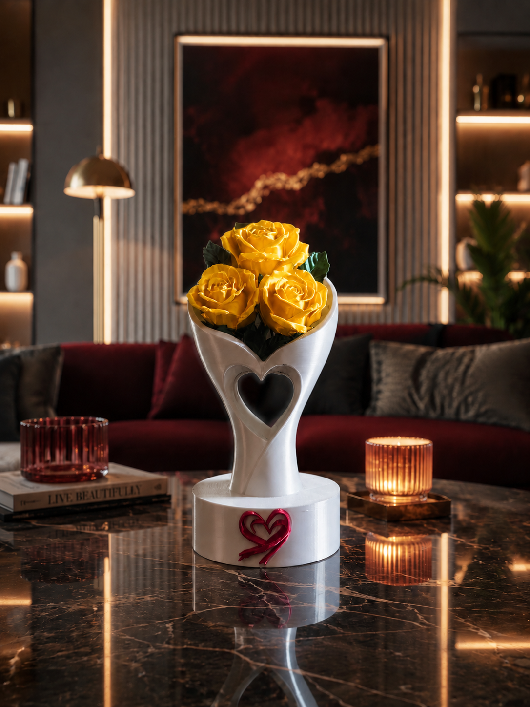 Jarrón blanco de lujo en forma de corazón diseñado en 3D y impreso con precisión en PLA premium, con elegantes rosas amarillas. Un centro de mesa decorativo expuesto sobre una mesa de centro de mármol en un salón moderno de lujo, perfecto para una decoración sofisticada del hogar y un diseño interior contemporáneo.