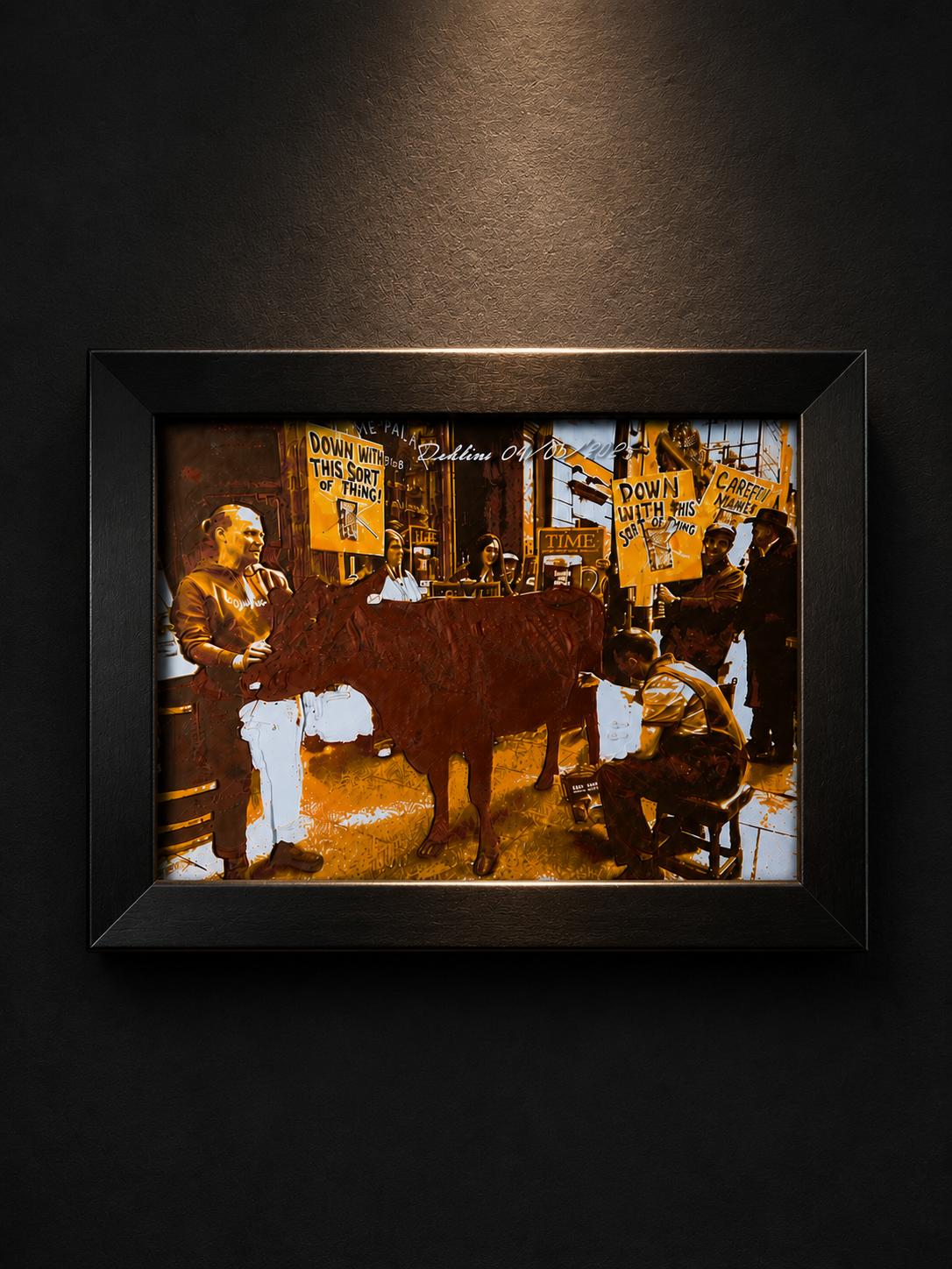 Exclusive handmade 3D relief wall art inspired by the historic Dublin Milk Protest, elegantly presented in a sophisticated black frame with a refined dark background. Expertly crafted using high-precision 3D printing, this premium textured wall sculpture combines historical storytelling, contemporary design and Italian craftsmanship, creating a striking focal point for luxury home decor, modern interiors, executive offices, art galleries and exclusive wall decoration.