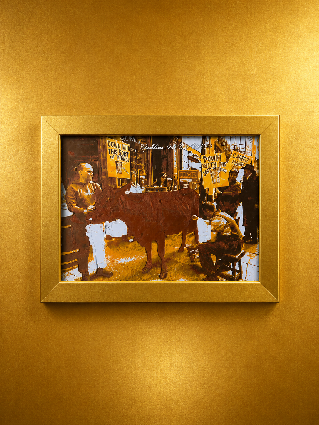 Exclusive handmade 3D relief wall art inspired by the historic Dublin Milk Protest, showcased in an elegant gold frame with a luxurious matching background. Precision-crafted using high-quality 3D printing, this premium textured wall sculpture combines historical storytelling, contemporary design and Italian craftsmanship, creating a sophisticated focal point for luxury home decor, modern interiors, executive offices, galleries and exclusive wall decoration.