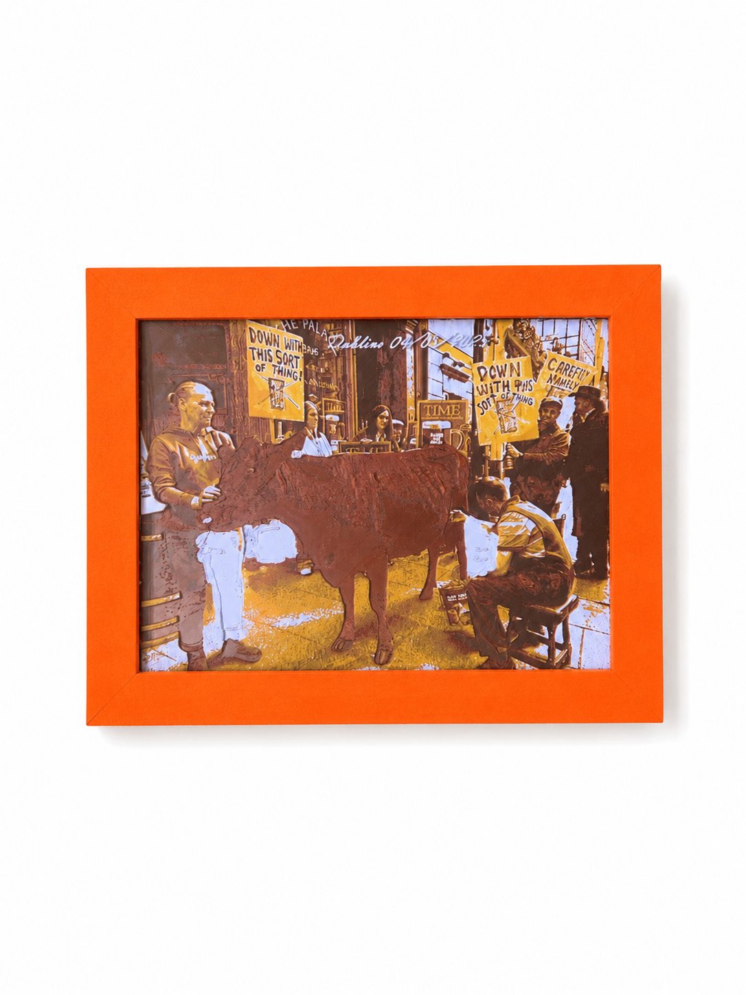 Exclusive handmade 3D relief wall art inspired by the historic Dublin Milk Protest, displayed in a vibrant orange frame against a clean white background. Precision-crafted with high-quality 3D printing, this textured wall sculpture combines historical storytelling, contemporary design and luxury craftsmanship, making it an eye-catching statement piece for modern home decor, offices, galleries and sophisticated interior spaces.