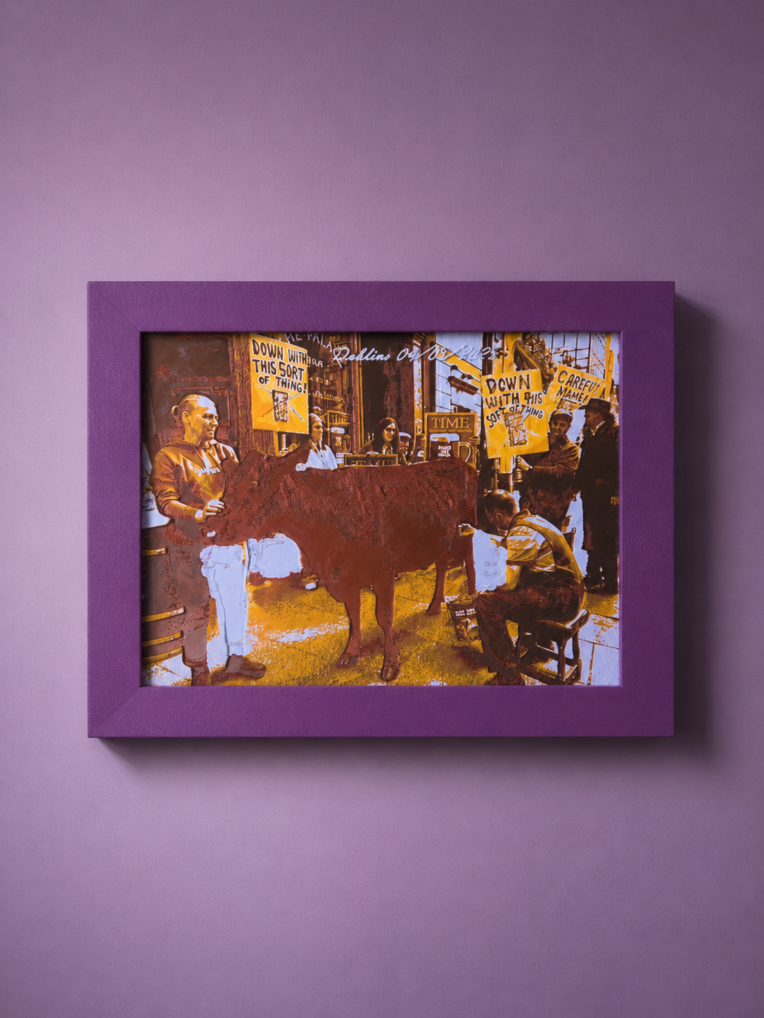Premium handmade 3D relief wall art inspired by the historic Dublin Milk Protest, elegantly displayed in a sophisticated purple frame with a matching contemporary background. Expertly crafted with high-precision 3D printing, this exclusive textured wall sculpture combines historical storytelling, modern design and luxury craftsmanship, making it a striking centerpiece for luxury home decor, contemporary interiors, offices, galleries and premium wall decoration.