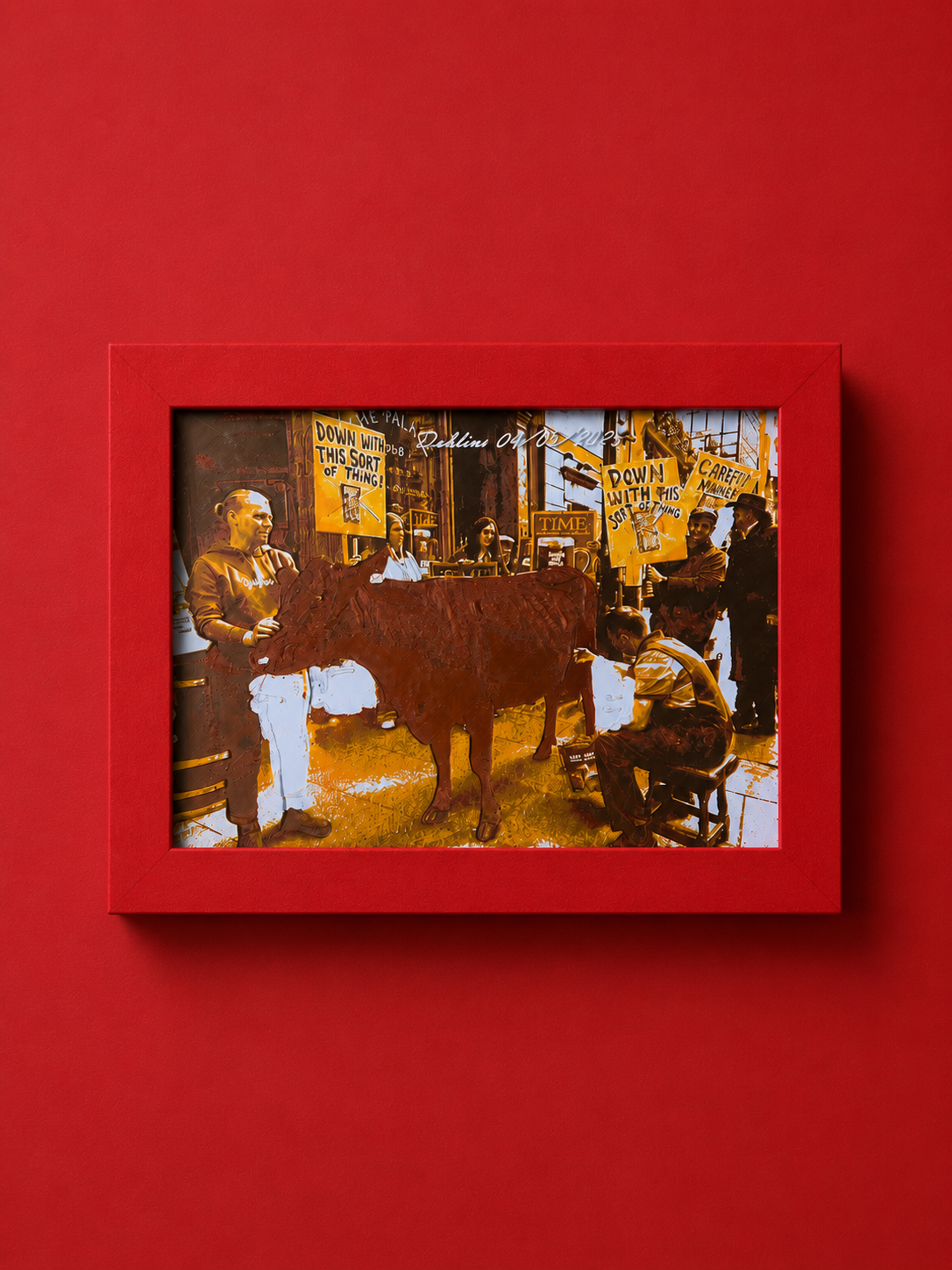 Premium handmade 3D relief wall art inspired by the historic Dublin Milk Protest, elegantly displayed in a bold red frame with a matching contemporary background. Expertly crafted using high-precision 3D printing, this exclusive textured wall sculpture combines historical storytelling, modern design and Italian craftsmanship, creating a striking centerpiece for luxury home decor, contemporary interiors, offices, galleries and premium wall decoration.