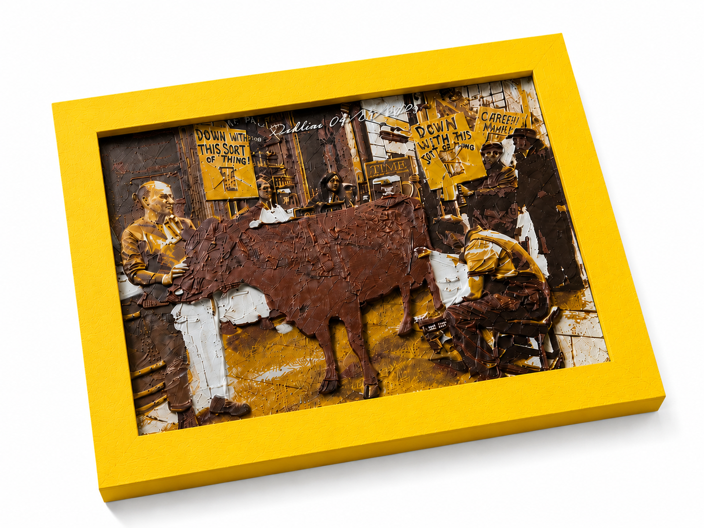 Premium handmade 3D relief wall art inspired by the historic Dublin Milk Protest, beautifully showcased in a vibrant yellow frame against a clean white background. Expertly crafted with high-precision 3D printing, this exclusive textured wall sculpture is perfect for luxury home decor, contemporary interiors, office decoration, art collectors and modern wall design.