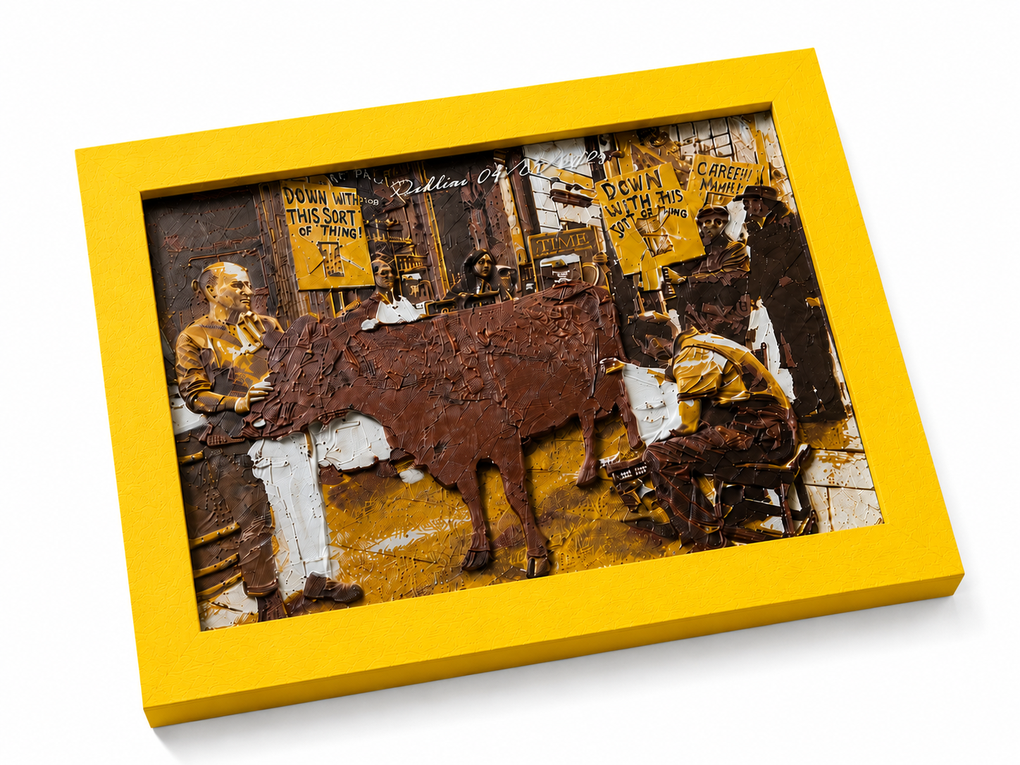 Premium handmade 3D relief wall art inspired by the historic Dublin Milk Protest, beautifully showcased in a vibrant yellow frame against a clean white background. Expertly crafted with high-precision 3D printing, this exclusive textured wall sculpture is perfect for luxury home decor, contemporary interiors, office decoration, art collectors and modern wall design.