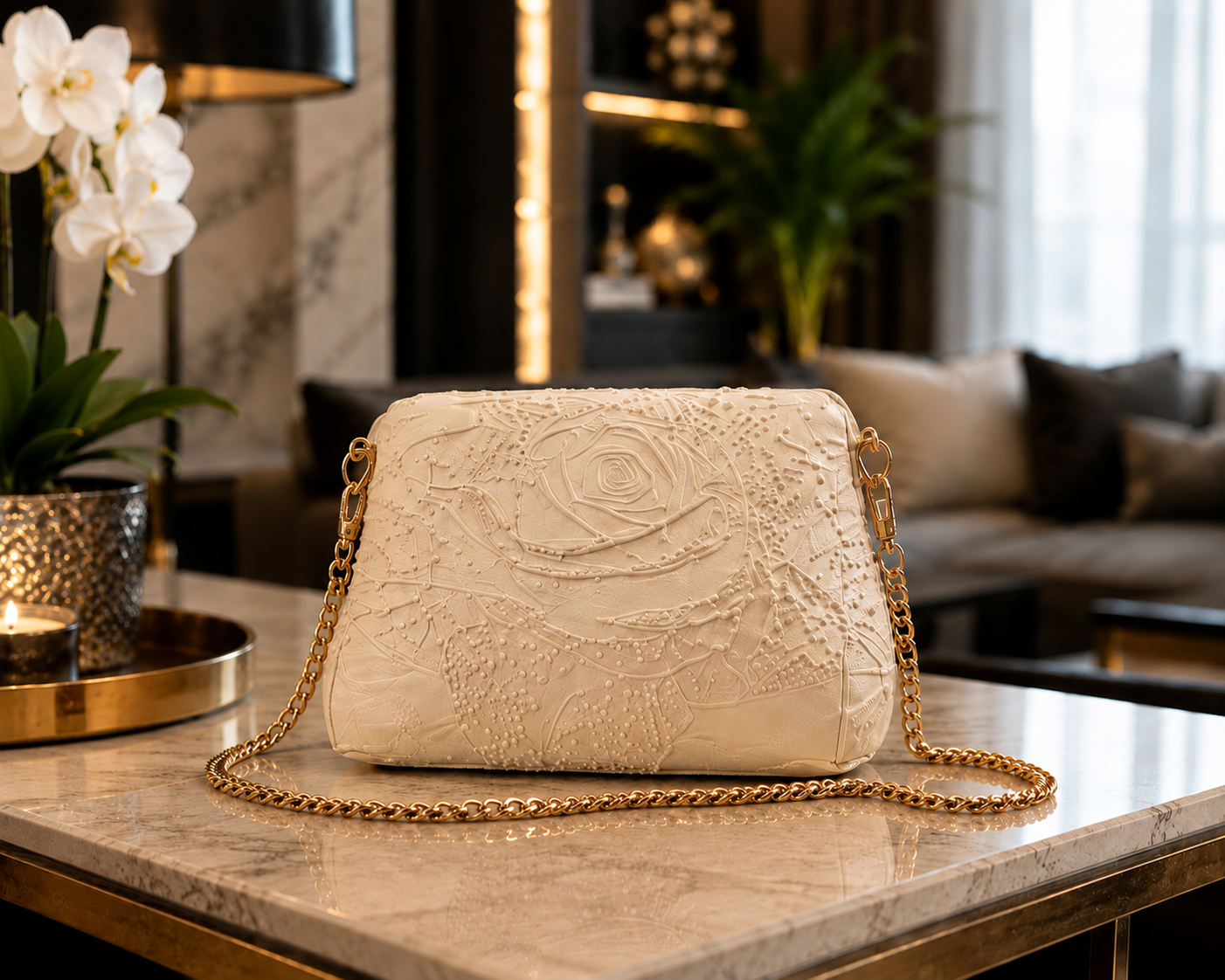 Elegant beige designer crossbody bag featuring an embossed floral rose pattern and premium gold chain strap. Luxury 3D printed women's shoulder bag made in Italy, modern fashion accessory, contemporary designer handbag, neutral-tone statement purse, perfect for everyday elegance, business style, weddings, special occasions and premium gift ideas.