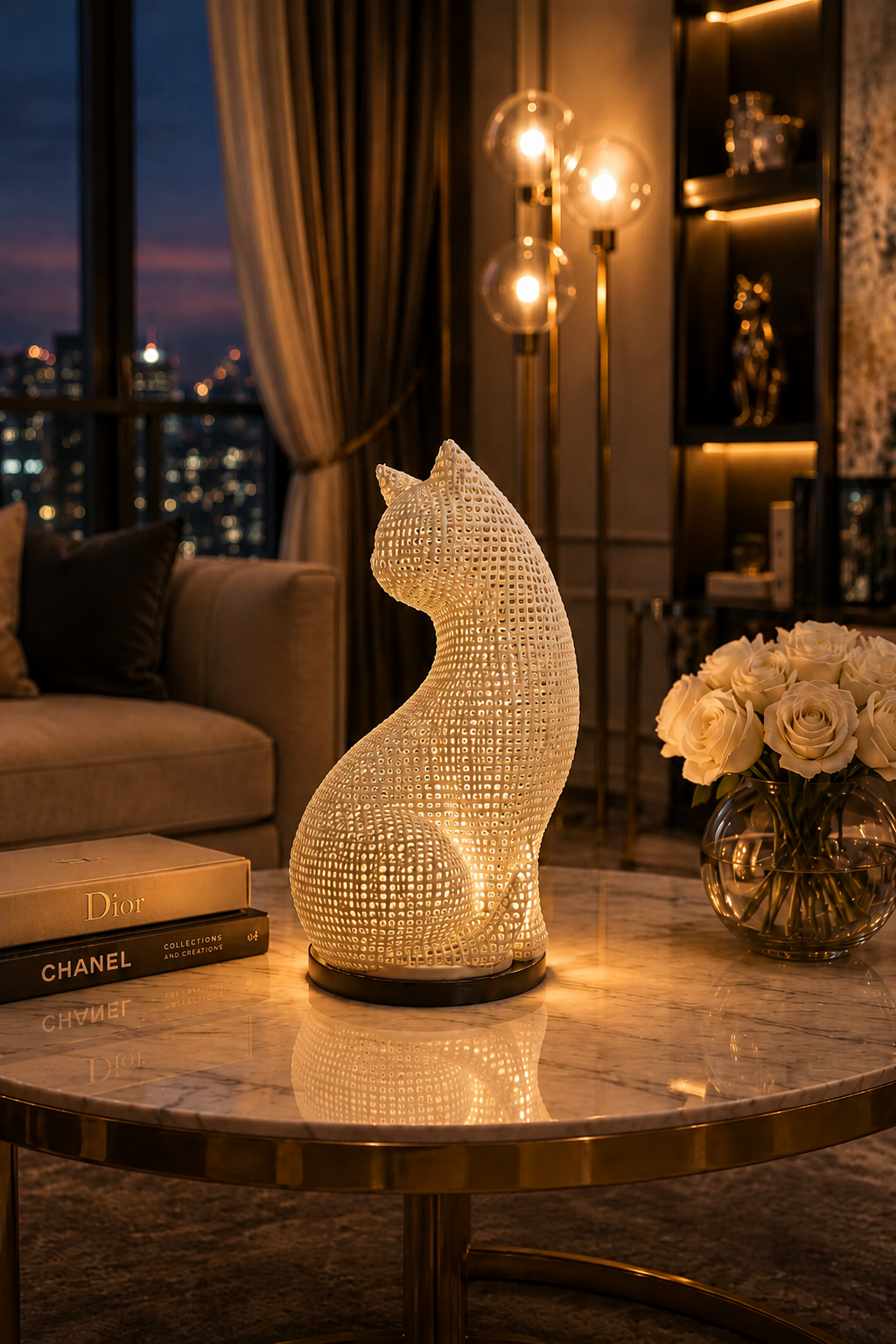 Lámpara de lujo LED beige en forma de gato, impresa con pericia en 3D en PETG prémium para gran durabilidad y elegancia atemporal. Esta moderna lámpara de mesa de diseño emite un suave resplandor ambiental LED cálido, y es la iluminación decorativa perfecta para dormitorios, salones, oficinas e interiores modernos. Una pieza sofisticada para la decoración del hogar de lujo, espacios minimalistas y un regalo elegante para los amantes de los gatos que valoran la artesanía prémium y el diseño moderno.