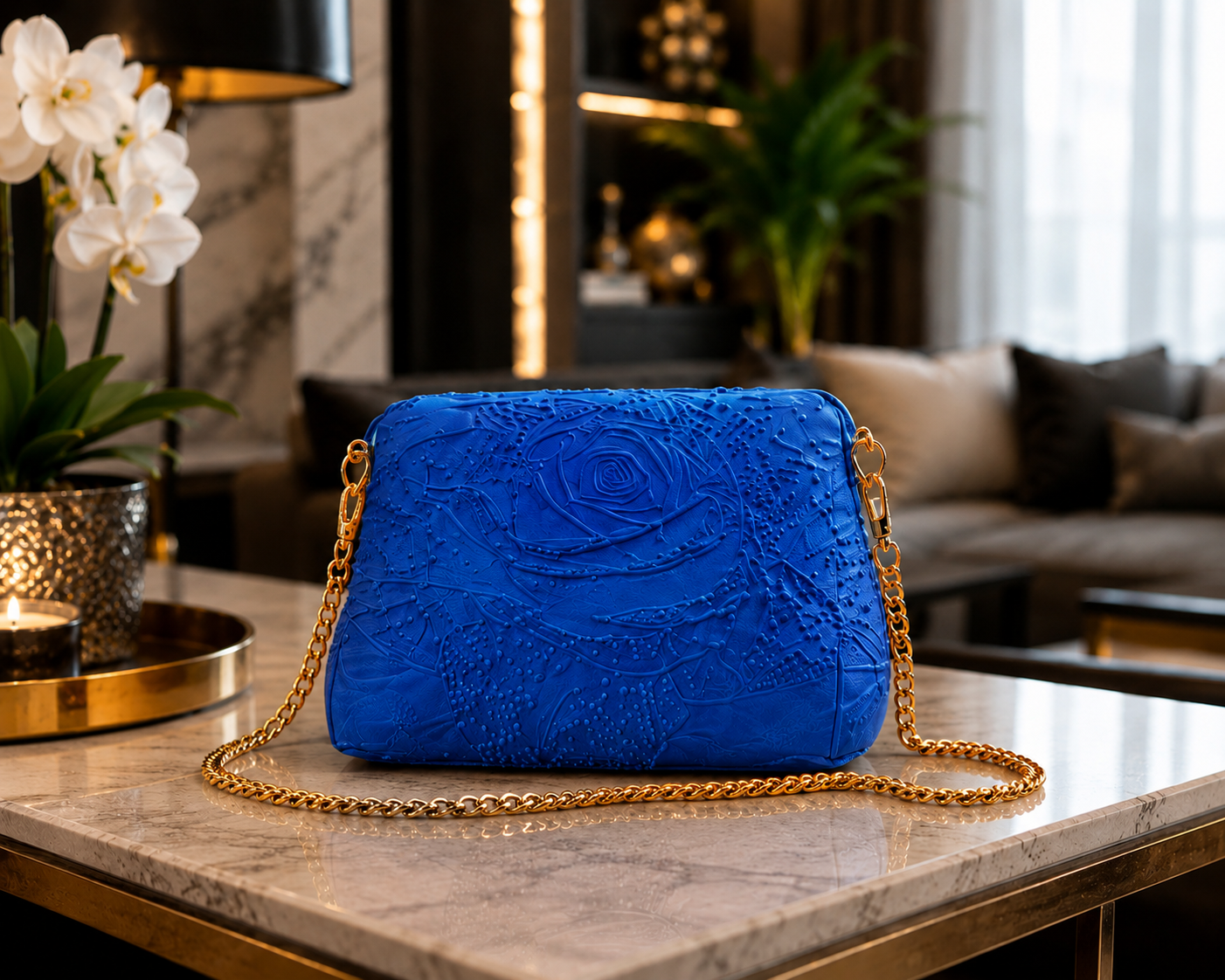 Elegant blue designer crossbody bag featuring an embossed floral rose pattern and premium gold chain strap. Luxury 3D printed women's shoulder bag made in Italy, modern fashion accessory, contemporary designer handbag, stylish statement purse, perfect for everyday elegance, business fashion, evening occasions, special events and premium gift ideas.