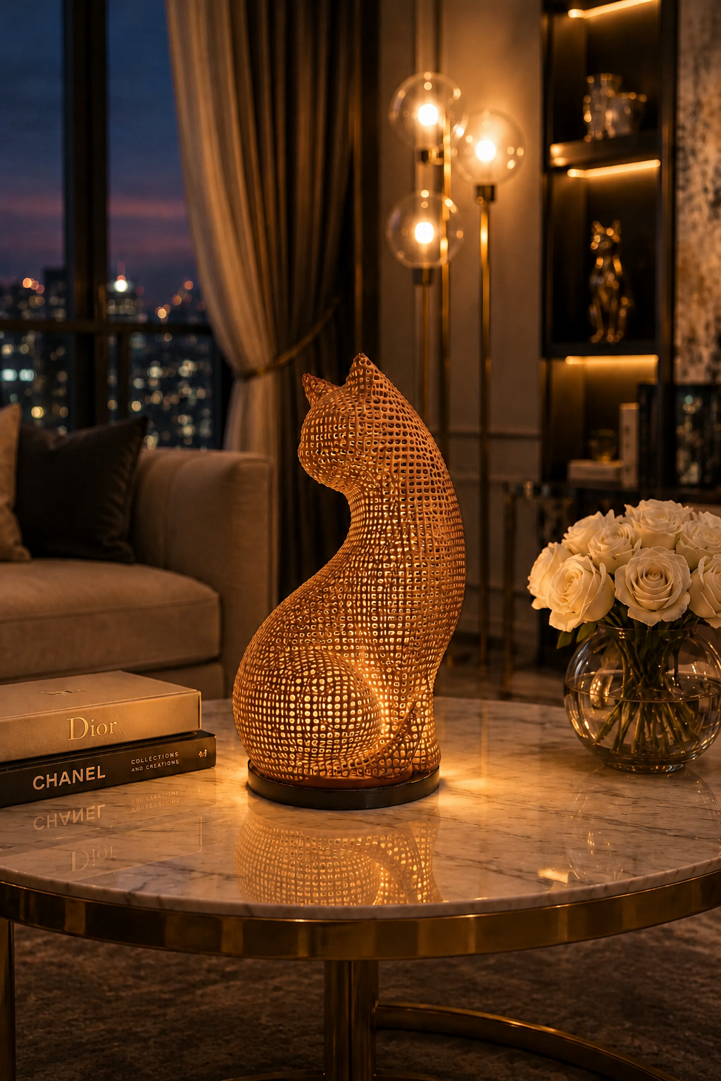 Elegante lámpara LED marrón en forma de gato, impresa en 3D con precisión y PETG premium para gran durabilidad y un acabado sofisticado. Esta moderna lámpara de mesa de diseño emite un cálido resplandor LED ambiental, y es la iluminación decorativa perfecta para dormitorios, salones, oficinas y interiores de lujo en hogares. Una pieza única para decoración contemporánea, espacios minimalistas y regalos elegantes para los amantes de los gatos.