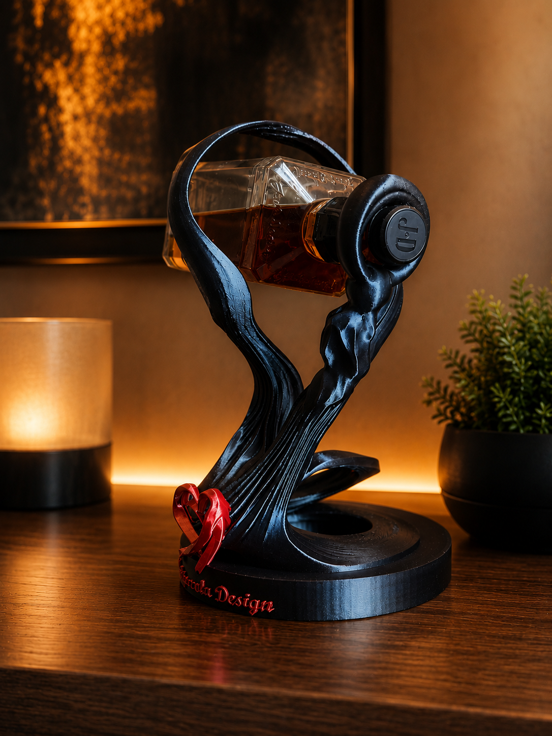 Elegant floating bottle holder featuring an artistic sculptural design. Premium 3D printed bottle display stand for modern interiors, kitchen decor, dining room, home bar styling and unique luxury gift ideas.