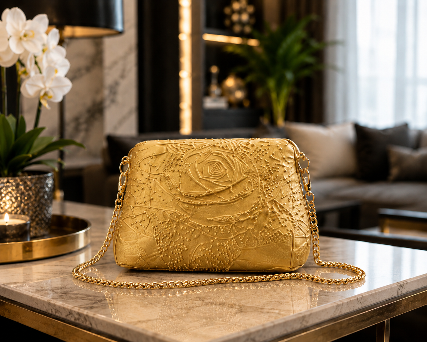 Elegant gold designer crossbody bag featuring an embossed floral rose pattern and premium gold chain strap. Luxury 3D printed women's shoulder bag made in Italy, modern fashion accessory, exclusive designer handbag, contemporary statement purse, perfect for weddings, evening events, luxury occasions, elegant everyday style and premium gift ideas.