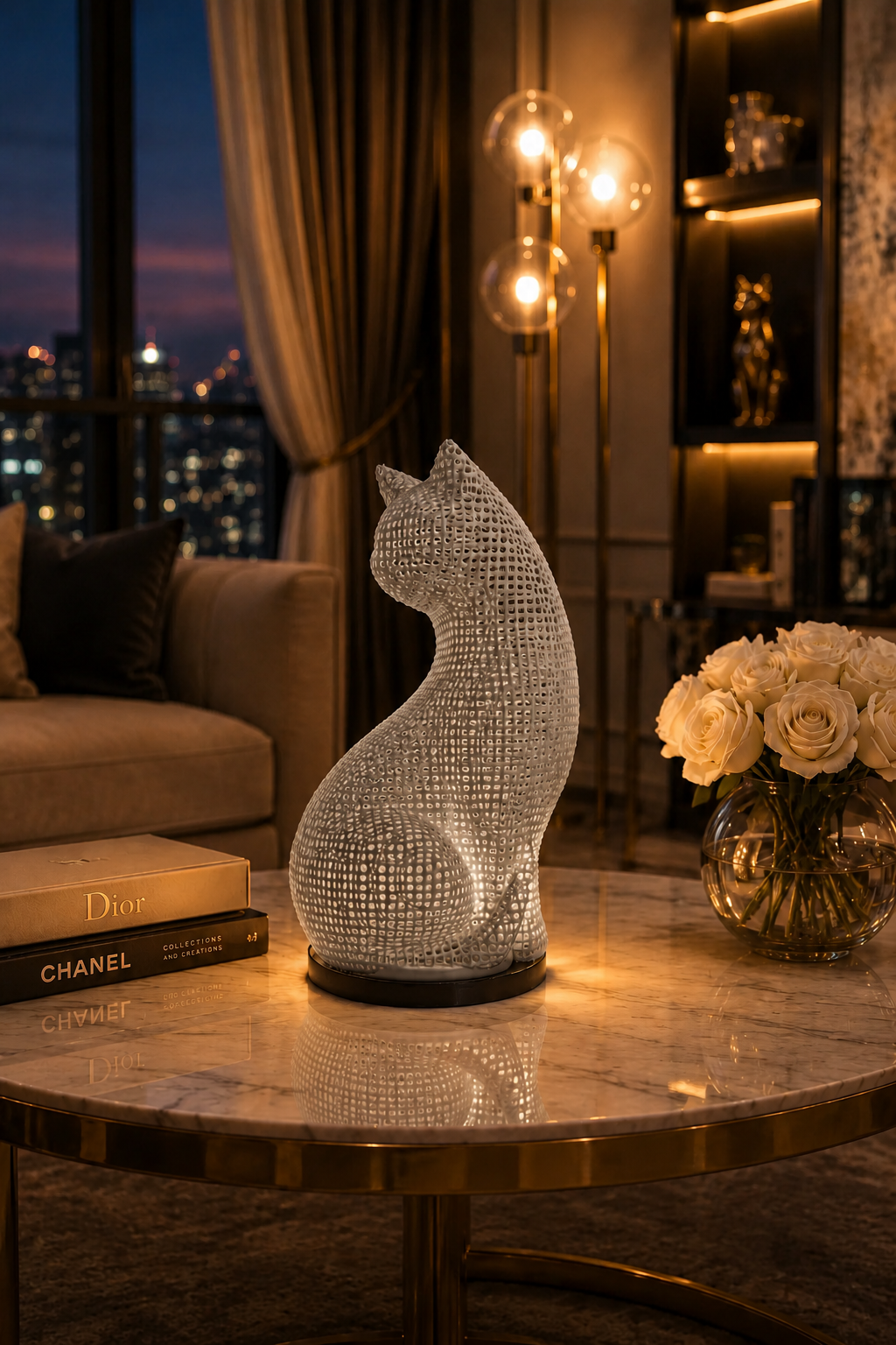 Lámpara LED de lujo gris en forma de gato, impresa en 3D con PETG premium para gran durabilidad y un acabado moderno refinado. Esta elegante lámpara de mesa de diseño emite un suave resplandor LED ambiental cálido, y es la iluminación decorativa perfecta para dormitorios, salones, oficinas y interiores contemporáneos del hogar. Una pieza sofisticada para la decoración del hogar de lujo, espacios minimalistas y un regalo único para los amantes de los gatos.