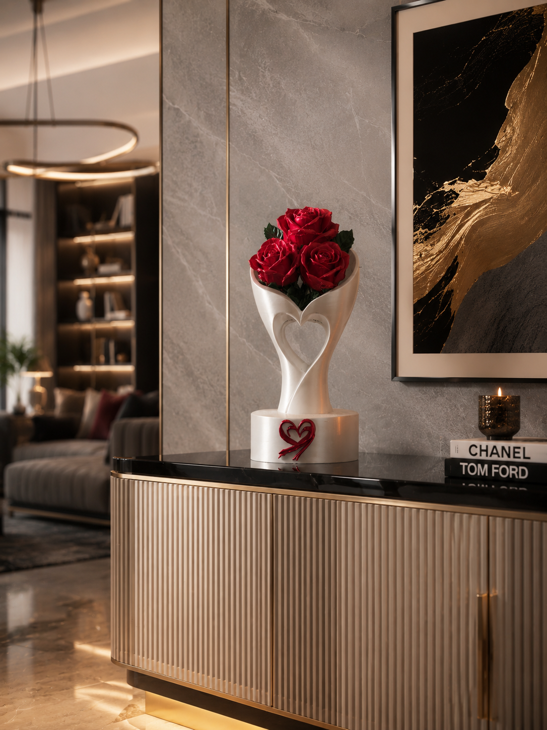 Jarrón de Lujo con Rosas Eternas – Escultura Decorativa 3D en Forma de Corazón para el Hogar Moderno | Idea de Regalo Romántica