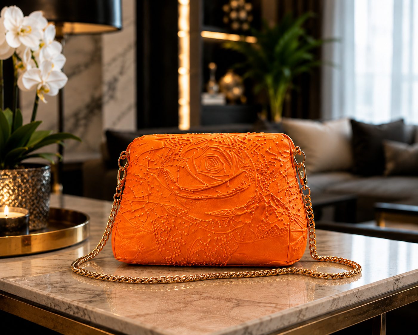 Elegant orange designer crossbody bag featuring an embossed floral rose pattern and premium gold chain strap. Luxury 3D printed women's shoulder bag made in Italy, modern fashion accessory, contemporary designer handbag, vibrant statement purse, perfect for everyday wear, autumn fashion, special occasions, stylish outfits and premium gift ideas.