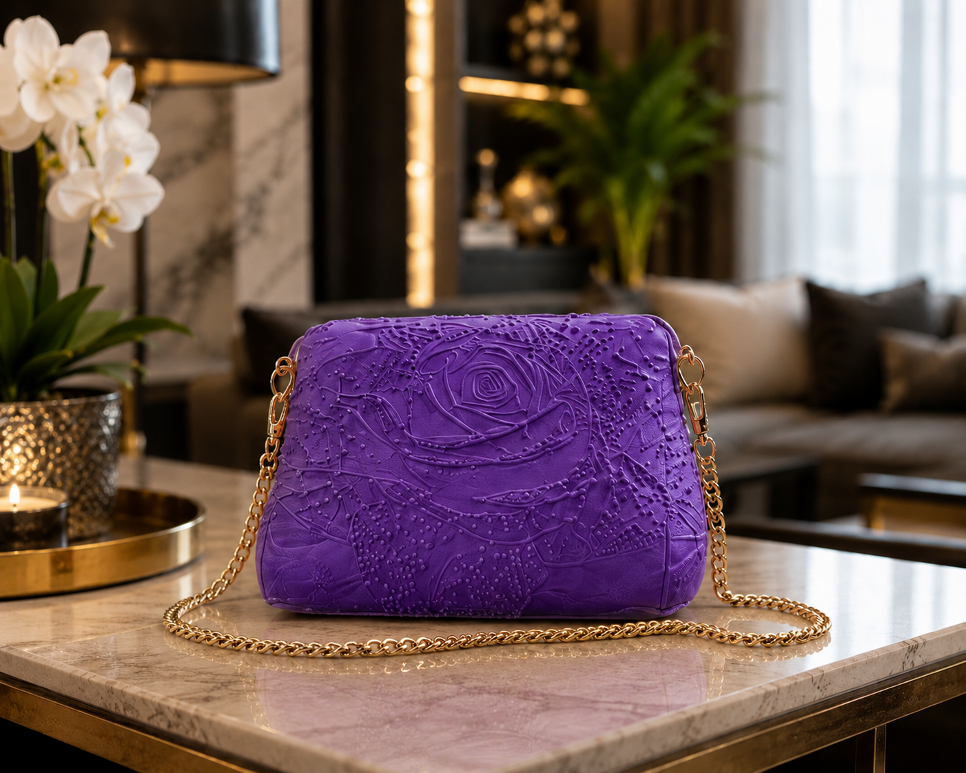 Elegant purple designer crossbody bag featuring an embossed floral rose pattern and premium gold chain strap. Modern 3D printed women's shoulder bag made in Italy, luxury fashion accessory, contemporary designer handbag, unique statement purse, perfect for everyday elegance, evening events, weddings, special occasions and premium gift ideas.