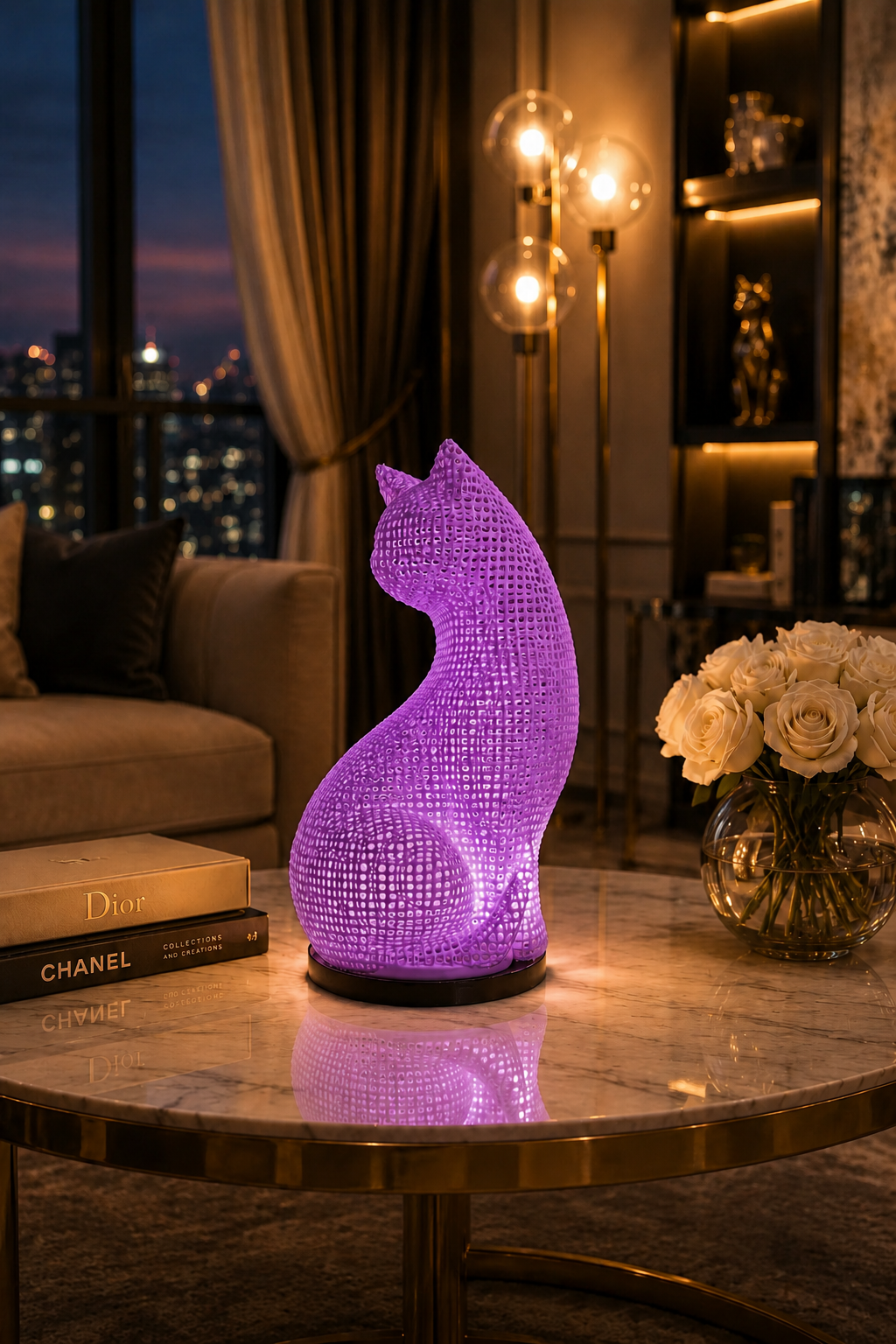 Lámpara LED de gato morada de lujo, impresa con pericia en 3D en PETG prémium, muy duradera y con acabado moderno sofisticado. La elegante lámpara de mesa emite suave luz LED ambiental cálida para dormitorios, salones, oficinas, salas de juego e interiores modernos. Pieza impactante para decoración de lujo y espacios minimalistas, y regalo único para amantes de los gatos que valoran artesanía prémium, diseño artístico e iluminación decorativa moderna.
