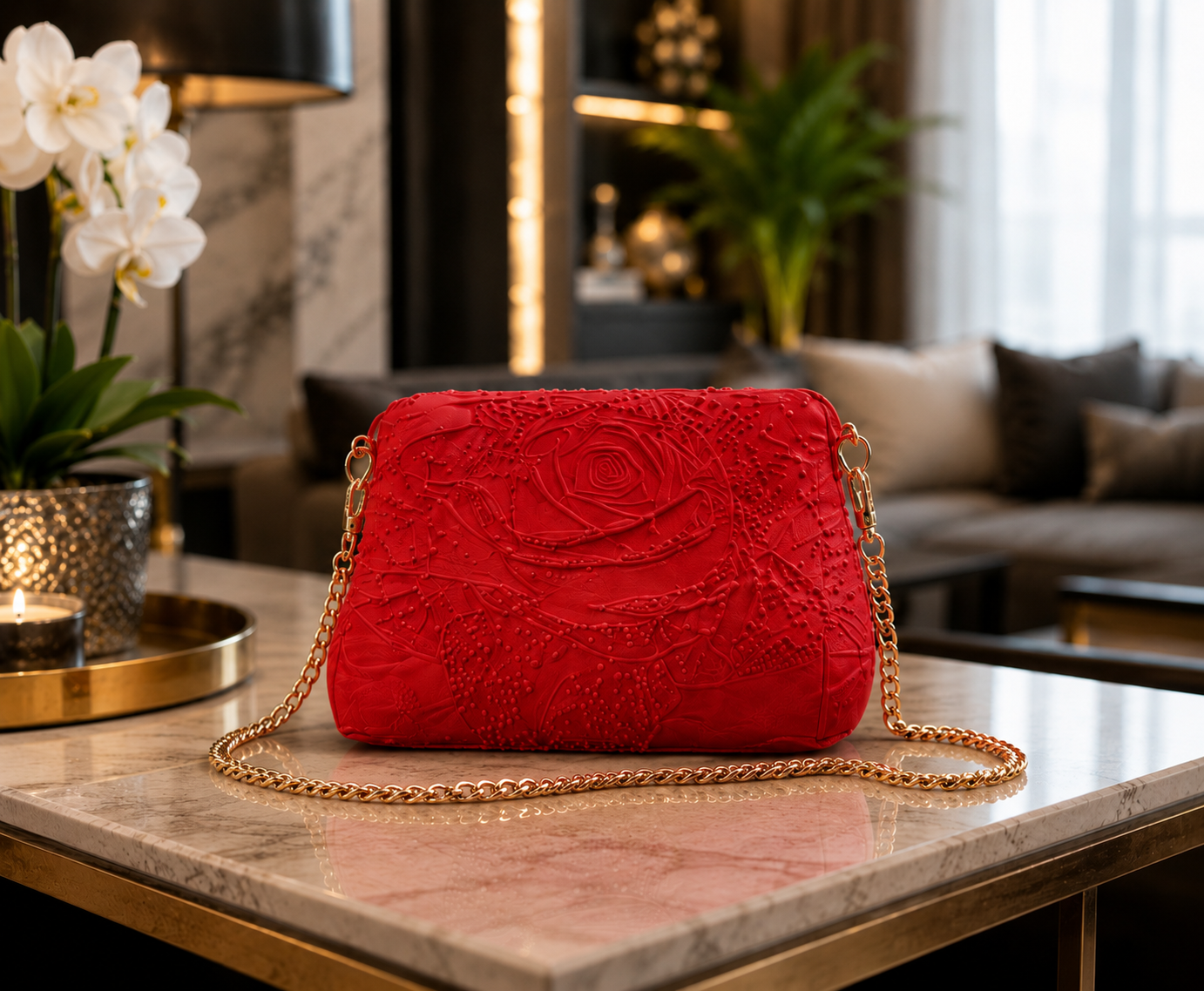 Elegant red designer crossbody bag featuring an embossed floral rose pattern and premium gold chain strap. Modern 3D printed women's shoulder bag made in Italy, luxury fashion accessory, contemporary handbag, unique designer purse, perfect for special occasions, evening outfits, stylish everyday wear and premium gift ideas.
