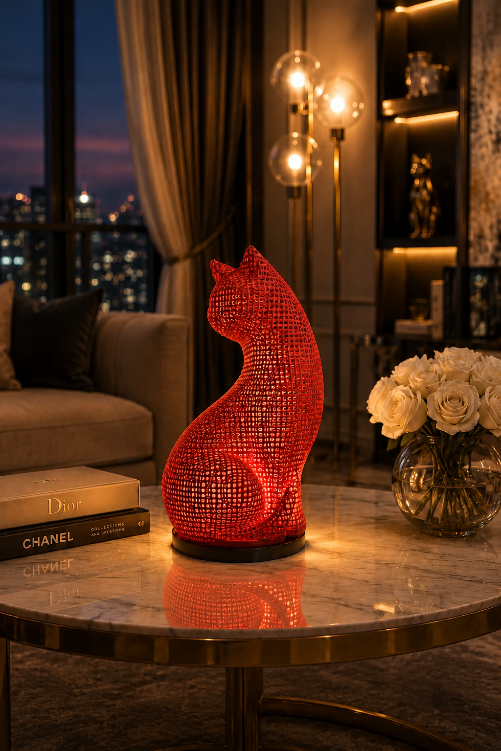 Lámpara LED roja de lujo en forma de gato, impresa con pericia en 3D en PETG prémium para gran durabilidad y un diseño moderno llamativo. Esta elegante lámpara de mesa de diseño emite un cálido resplandor LED ambiental, y es la iluminación decorativa perfecta para dormitorios, salones, oficinas e interiores modernos. Una pieza llamativa para la decoración del hogar de lujo, espacios minimalistas y un regalo único para los amantes de los gatos que aprecian el diseño artístico y la artesanía prémium.