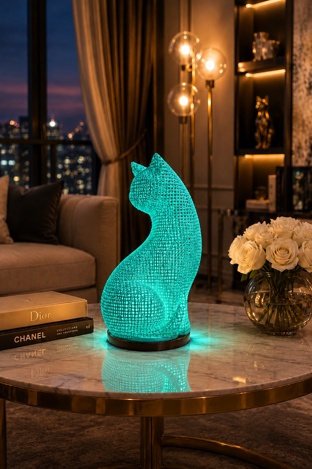 Lámpara LED de gato turquesa de lujo, impresa con pericia en 3D en PETG prémium, muy duradera y con acabado contemporáneo vibrante. La moderna lámpara de mesa emite suave luz LED ambiental para dormitorios, salones, oficinas, salas de juego e interiores de lujo. Pieza llamativa para decoración moderna y espacios minimalistas, y regalo único para amantes de los gatos que valoran artesanía prémium, diseño artístico e iluminación ambiental elegante.
