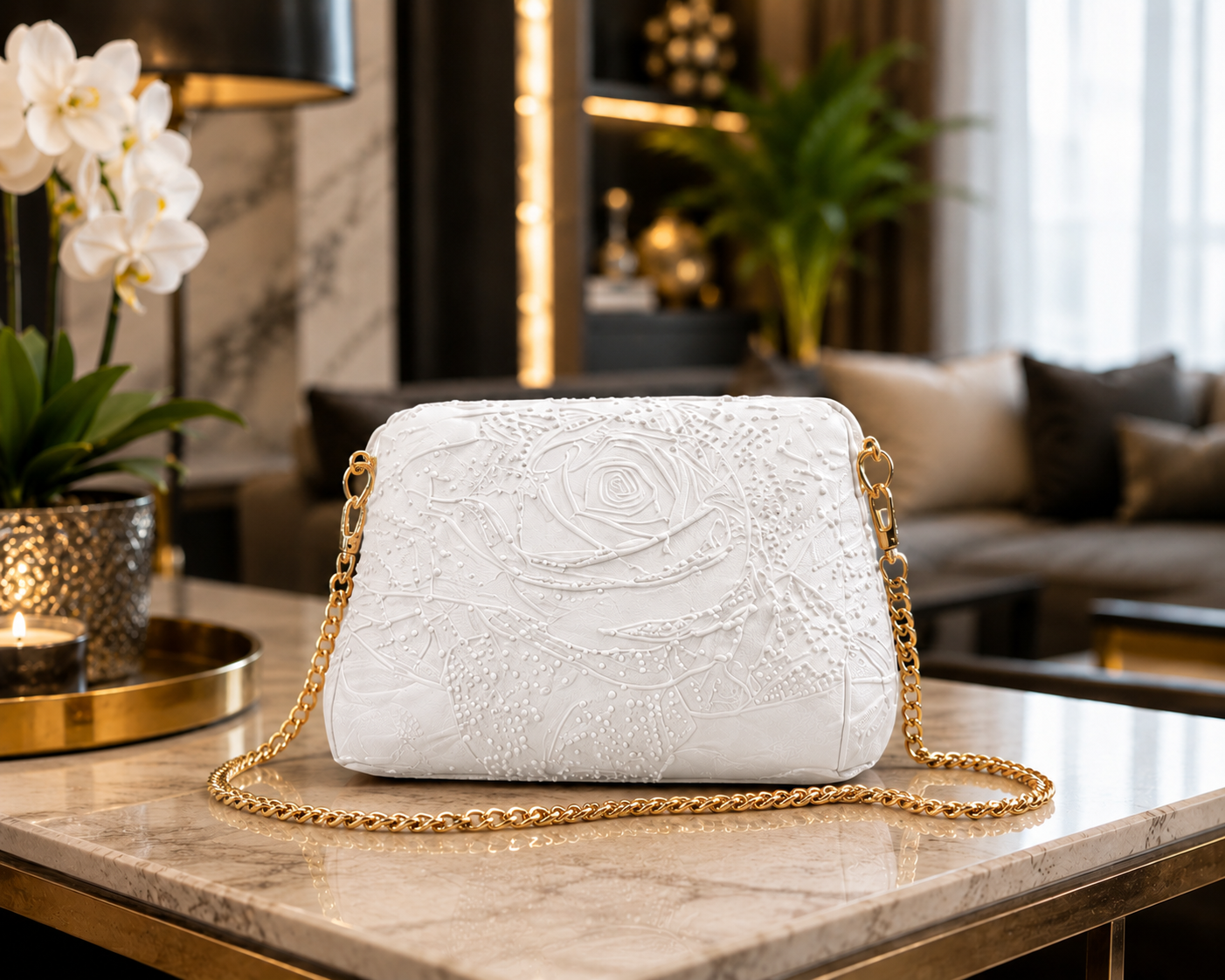 Elegant white designer crossbody bag featuring an embossed floral rose pattern and gold chain strap. Premium 3D printed women's shoulder bag made in Italy, modern fashion accessory, luxury handbag, unique contemporary design, perfect for everyday elegance, special occasions and stylish gifts.