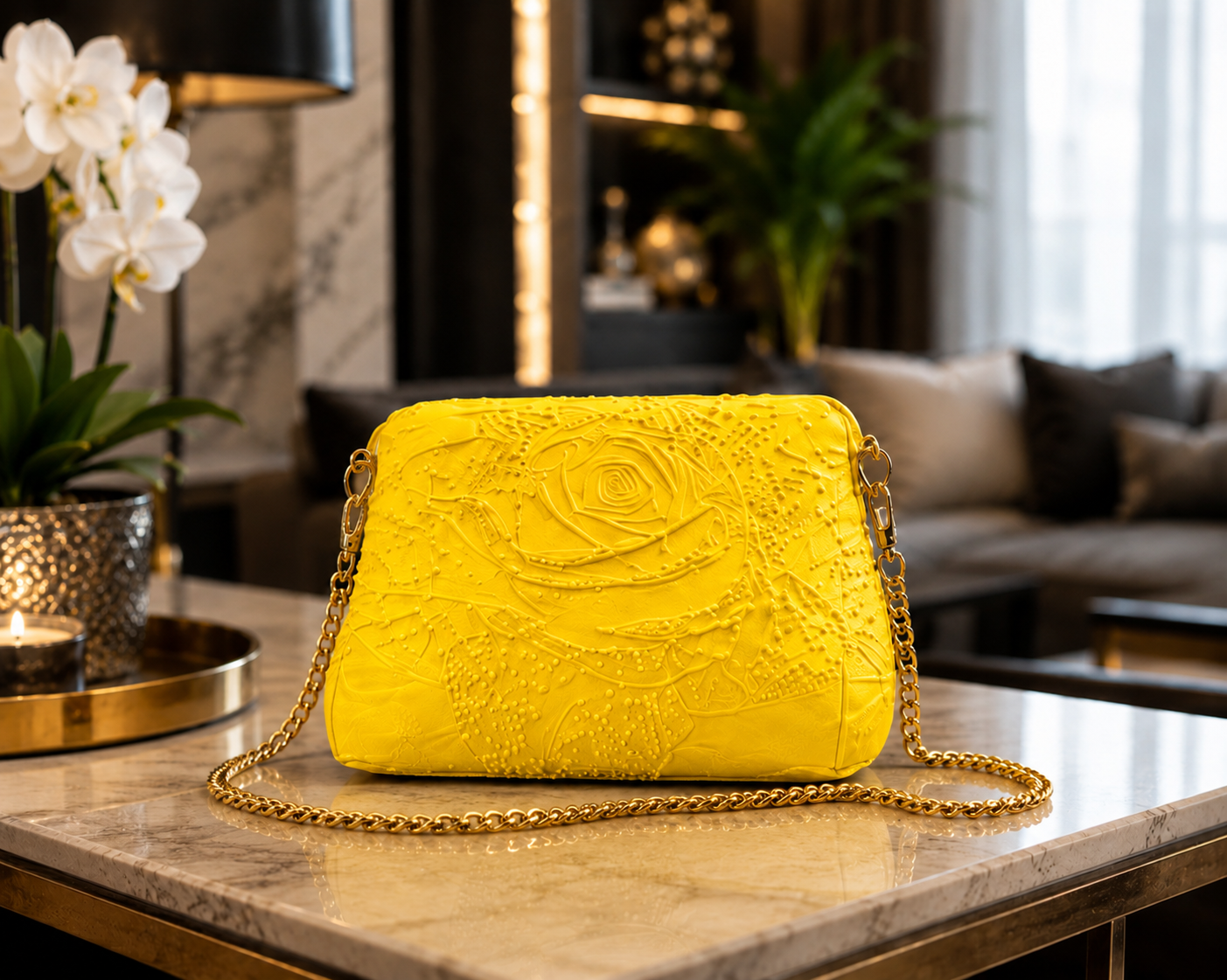 Elegant yellow designer crossbody bag featuring an embossed floral rose pattern and premium gold chain strap. Luxury 3D printed women's shoulder bag made in Italy, modern fashion accessory, contemporary designer handbag, vibrant statement purse, perfect for spring and summer outfits, everyday elegance, special occasions and premium gift ideas.