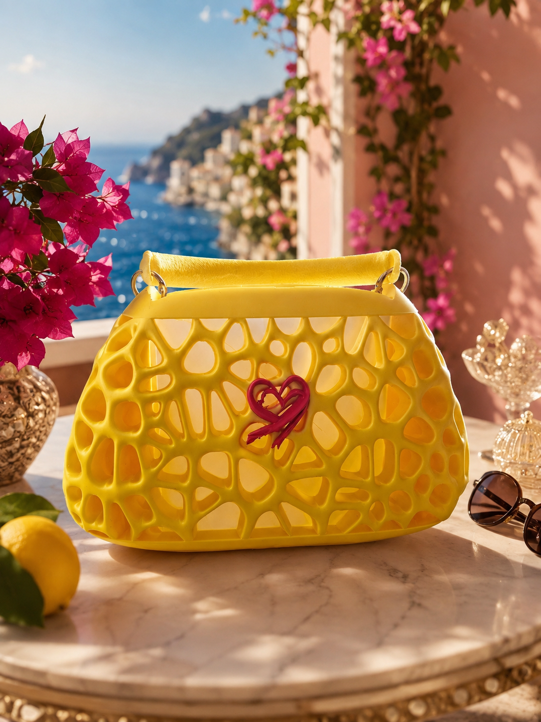 Luxury yellow designer handbag with artistic cut-out details and signature heart accent, styled on a Mediterranean terrace overlooking the sea with vibrant bougainvillea.