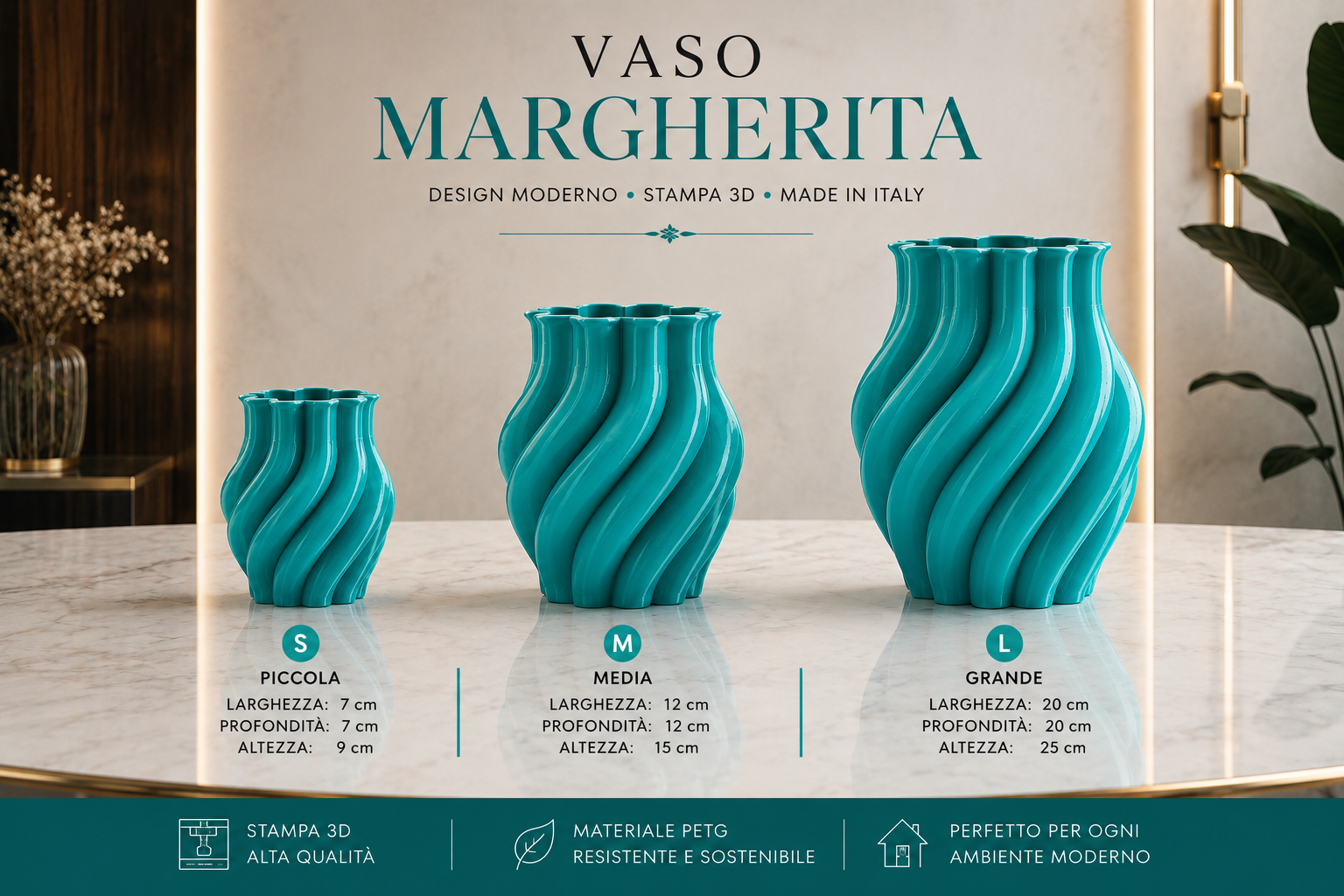 Margherita designer vase available in three sizes: Small 7×7×9 cm, Medium 12×12×15 cm and Large 20×20×25 cm. Modern spiral 3D printed vase in PETG for luxury home decoration, flowers, plants and elegant interior styling. Made in Italy.
