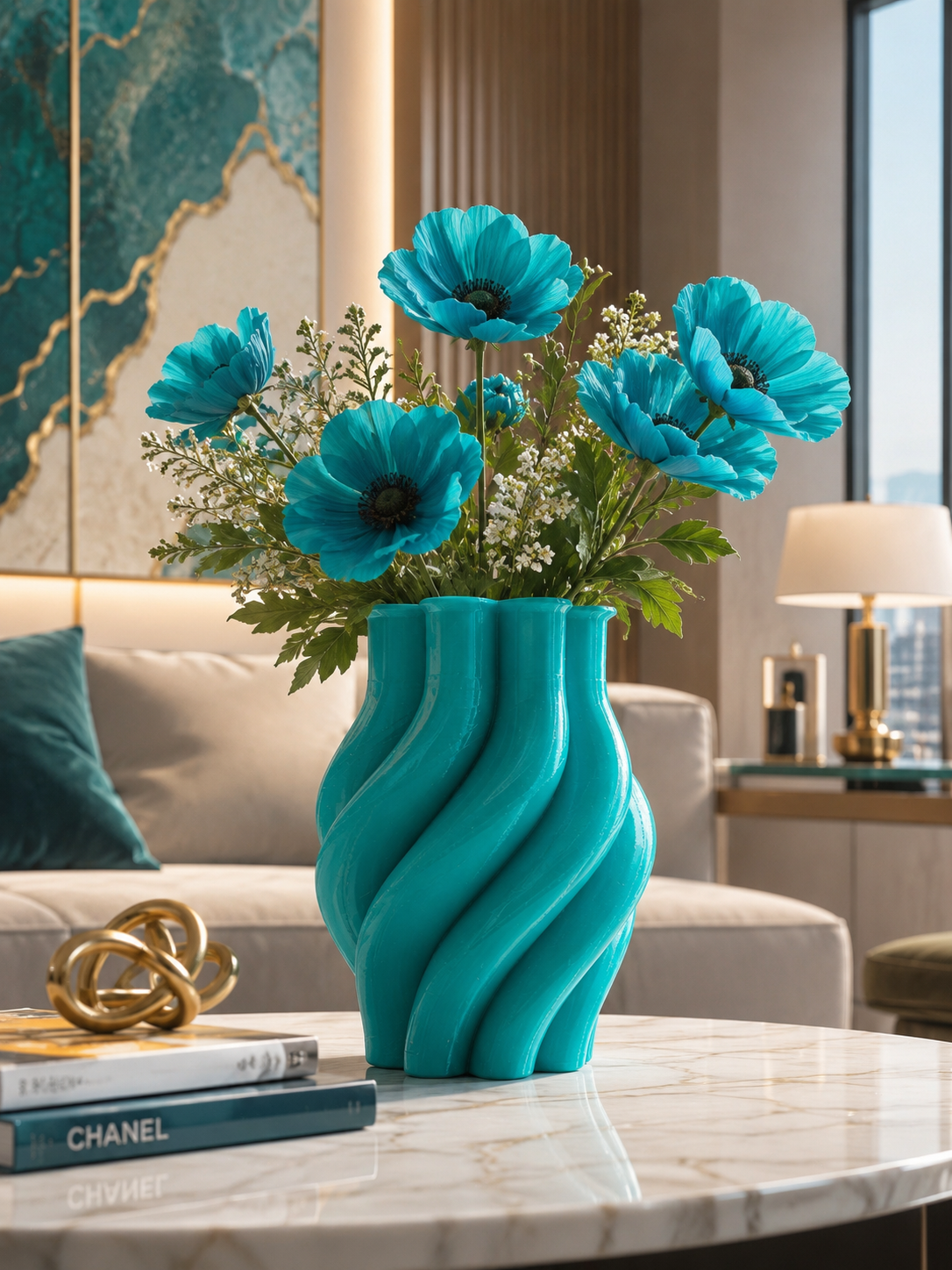 Elegant Margherita 3D printed designer vase in premium PETG with vibrant blue flowers. Luxury modern home decor for living room, office, coffee table and contemporary interiors. Handmade in Italy with sculptural spiral design.