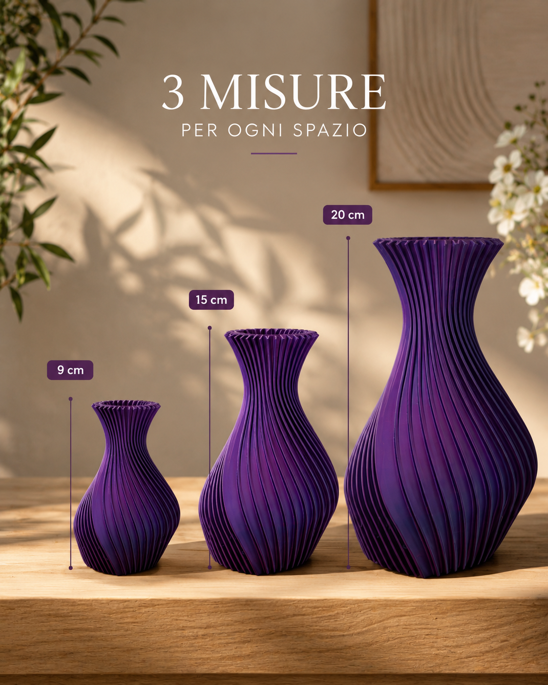 Decorative 3D printed vase available in three sizes (9 cm, 15 cm and 20 cm), modern sculptural home decor, elegant flower vase, minimalist interior decoration, designer centerpiece, contemporary living room accessory and unique gift idea.