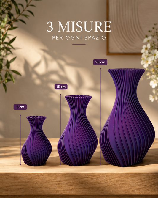 Decorative 3D printed vase available in three sizes (9 cm, 15 cm and 20 cm), modern sculptural home decor, elegant flower vase, minimalist interior decoration, designer centerpiece, contemporary living room accessory and unique gift idea.