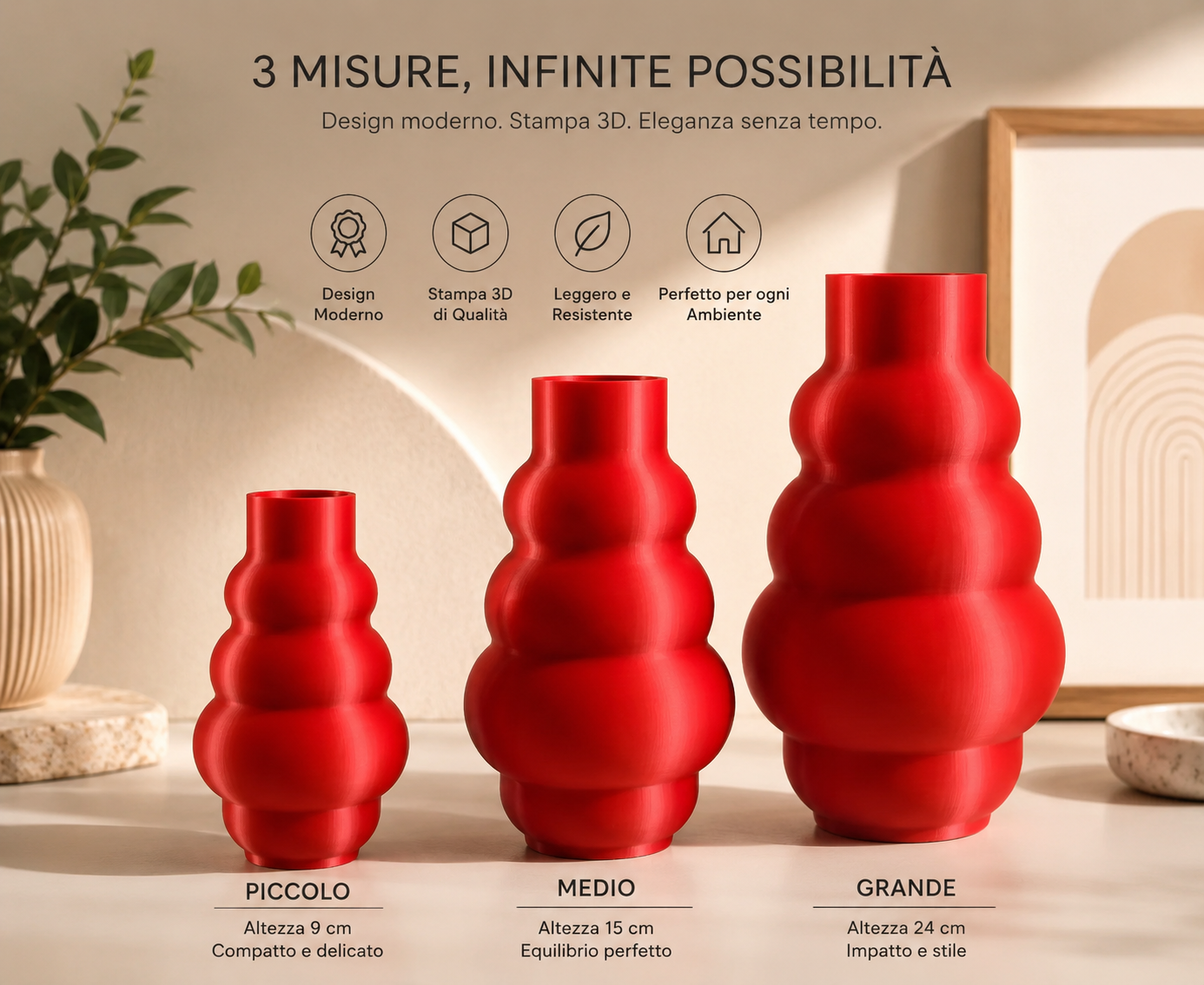 Three modern red 3D printed decorative vases displayed in three sizes (9 cm, 15 cm and 24 cm) on a luxury minimalist background. Contemporary designer vase for home decor, office…