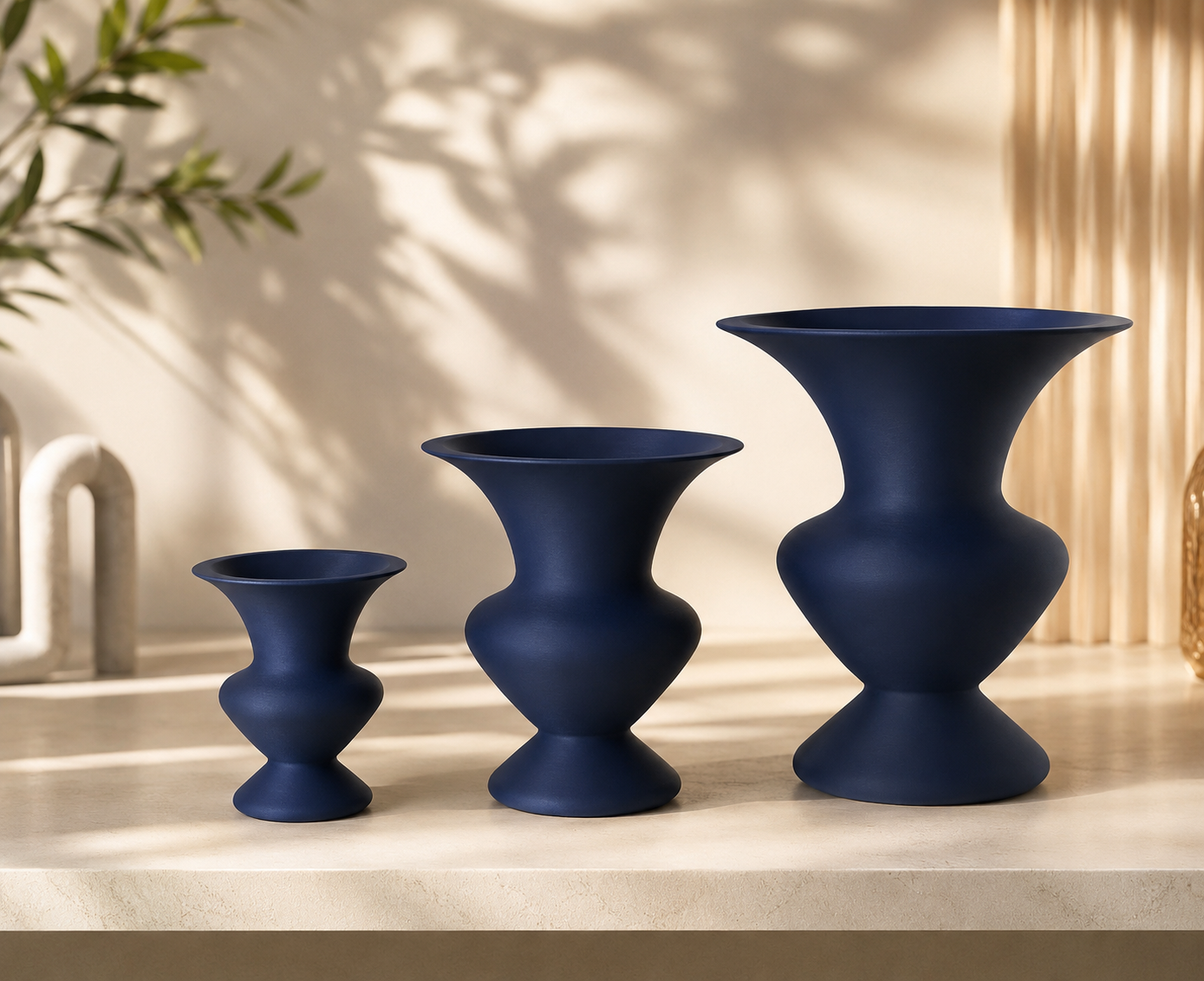 Set of three modern 3D printed decorative vases in different sizes (3.5", 5.9" and 9.4"), featuring a minimalist sculptural design for home decor, living room, office, shelf…