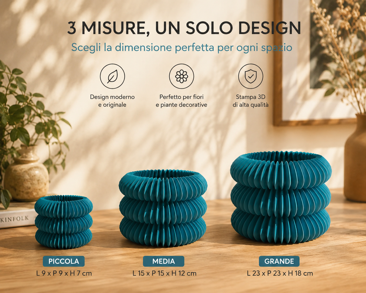 Premium modern 3D printed decorative vase available in three sizes, featuring a unique sculptural ribbed design for flowers, plants and elegant home decoration. Perfect for…